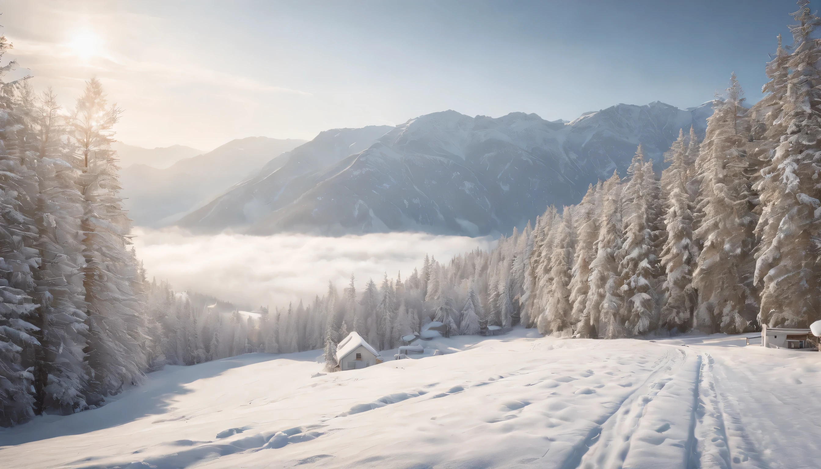 (Highly detailed CG Unity 8K wallpaper、masterpiece、highest quality、Super detailed)、(best lighting、best shadow、very delicate and beautiful)、highest quality、8K、Detailed facial depiction、masterpiece、highest quality、clear image quality、Photo of snowy scenery seen from the window