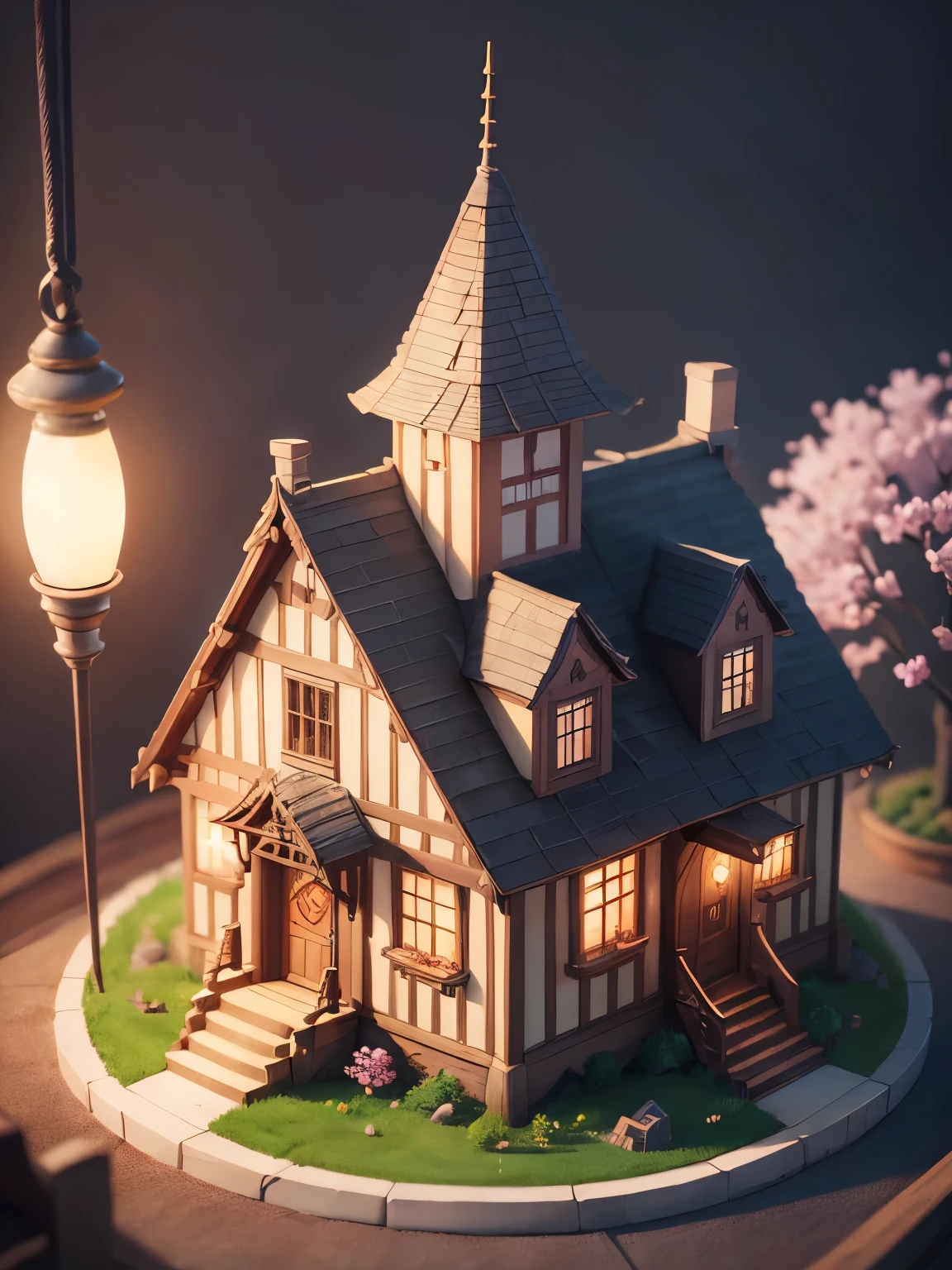 ((masterpiece、very detailed、CG Unity 8k、best quality、very detailed：1.2))、(Top quality: 1.2)、 The exterior of the house、unique pink house、cherry blossoms、(best illustrations)、 (beautiful lighting)、Isometric 3D、octane rendering、ray tracing、Super detailed、fantasy world、童話に出てくるようなbuilding、building、A creepy tree in the background々、fairy tale、Cartoon、Cartoon design style、Beautifully detailed digital art, In a Sweet Earth Style House、movie、Super detailedなレンダリング、fantastic world housing 、 2D game isometric camera view
