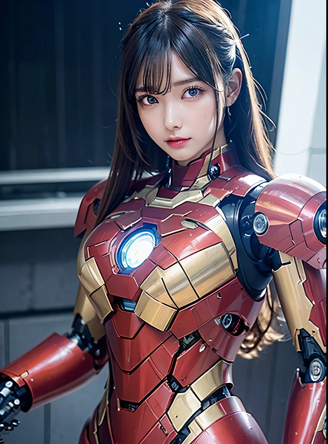 rough skin, Super detailed, advanced details, high quality, 最high quality, High resolution, 1080P, hard disk, beautiful,(Iron Girl),beautifulサイボーグの女性,Mecha cyborg girl,battle mode,Mecha body girl,She wears an Iron Man mech,full body photo