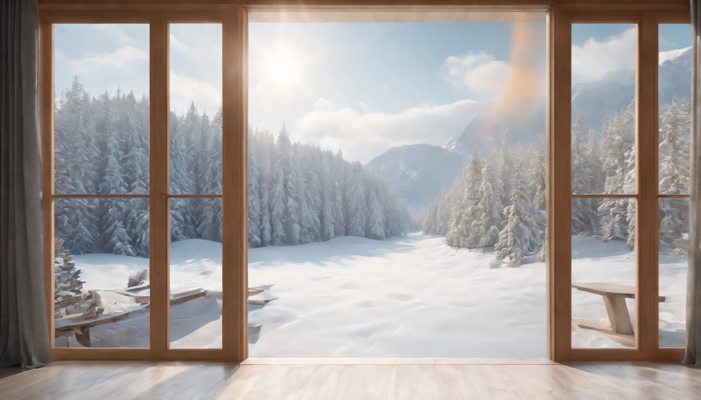 (Highly detailed CG Unity 8K wallpaper、masterpiece、highest quality、Super detailed)、(best lighting、best shadow、very delicate and beautiful)、highest quality、8K、Detailed facial depiction、masterpiece、highest quality、clear image quality、Photo of snowy scenery seen from the window