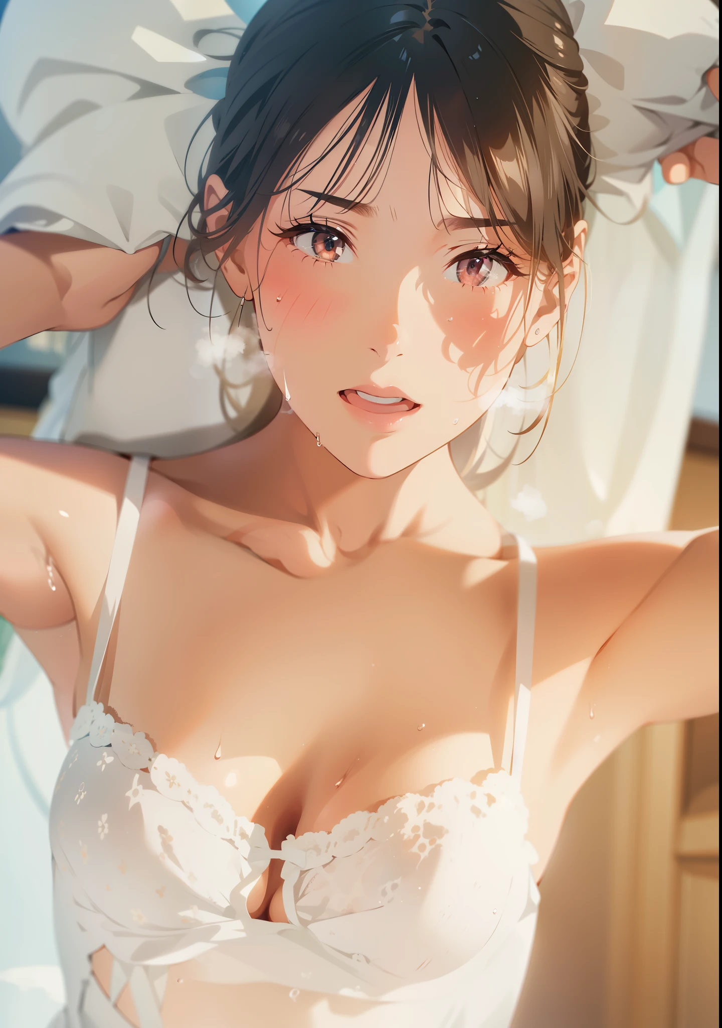 (extremely detailed CG unity 8k wallpaper), (masterpiece), (best quality), (ultra-detailed), (best illustration), (best shadow), (absurdres), BREAK girl, sweat, steam, medium breast, nsfw, looking at viewer,  