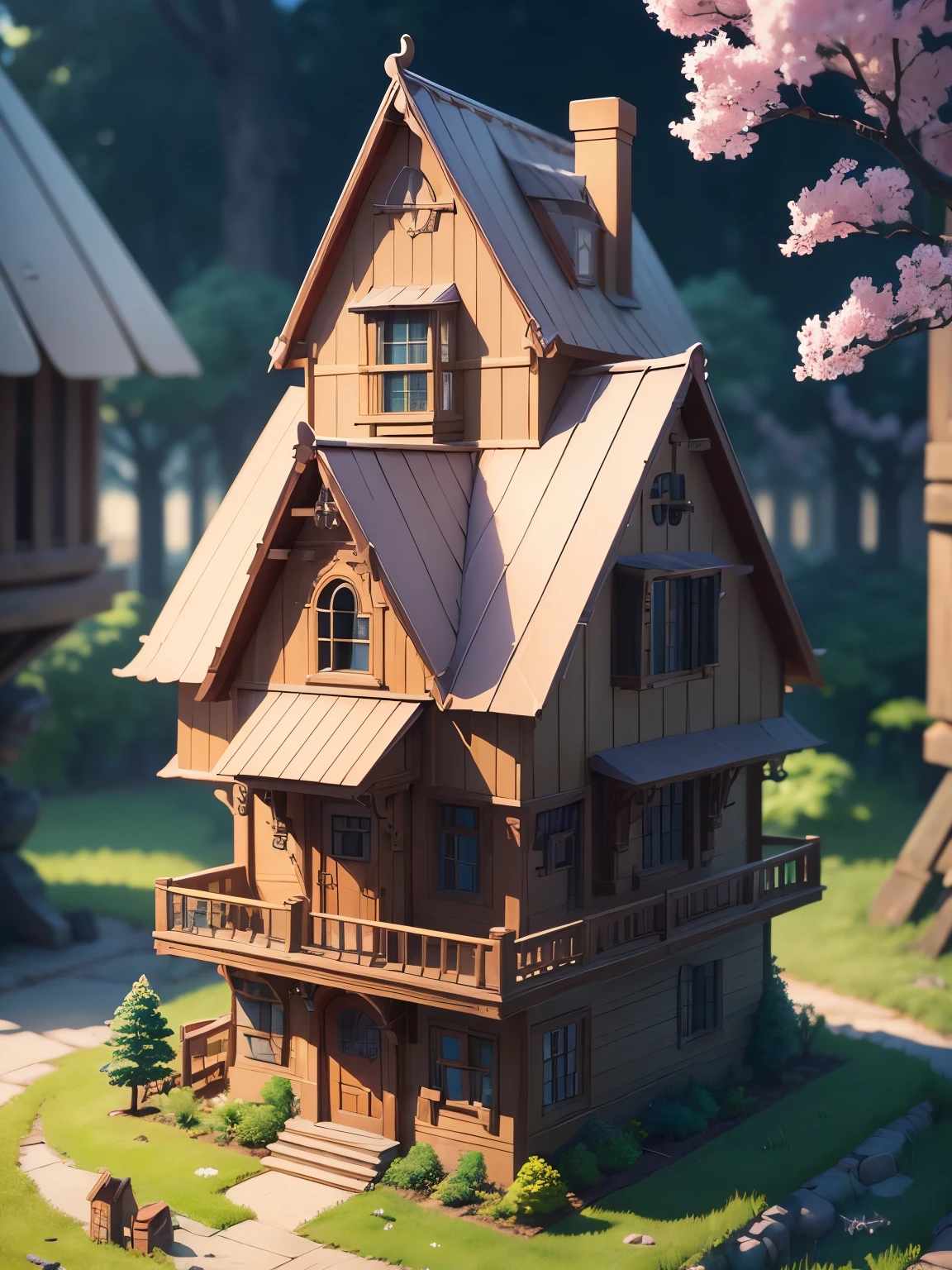 ((masterpiece、very detailed、CG Unity 8k、best quality、very detailed：1.2))、(Top quality: 1.2)、 The exterior of the house、unique pink house、cherry blossoms、(best illustrations)、 (beautiful lighting)、Isometric 3D、octane rendering、ray tracing、Super detailed、fantasy world、童話に出てくるようなbuilding、building、A creepy tree in the background々、fairy tale、Cartoon、Cartoon design style、Beautifully detailed digital art, In a Sweet Earth Style House、movie、Super detailedなレンダリング、fantastic world housing 、 2D game isometric camera view
