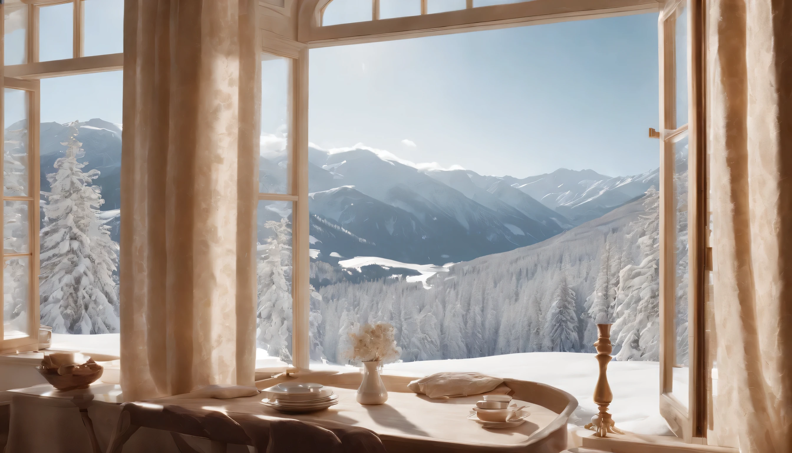 (Highly detailed CG Unity 8K wallpaper、masterpiece、highest quality、Super detailed)、(best lighting、best shadow、very delicate and beautiful)、highest quality、8K、Detailed facial depiction、masterpiece、highest quality、clear image quality、Photo of snowy scenery seen from the window