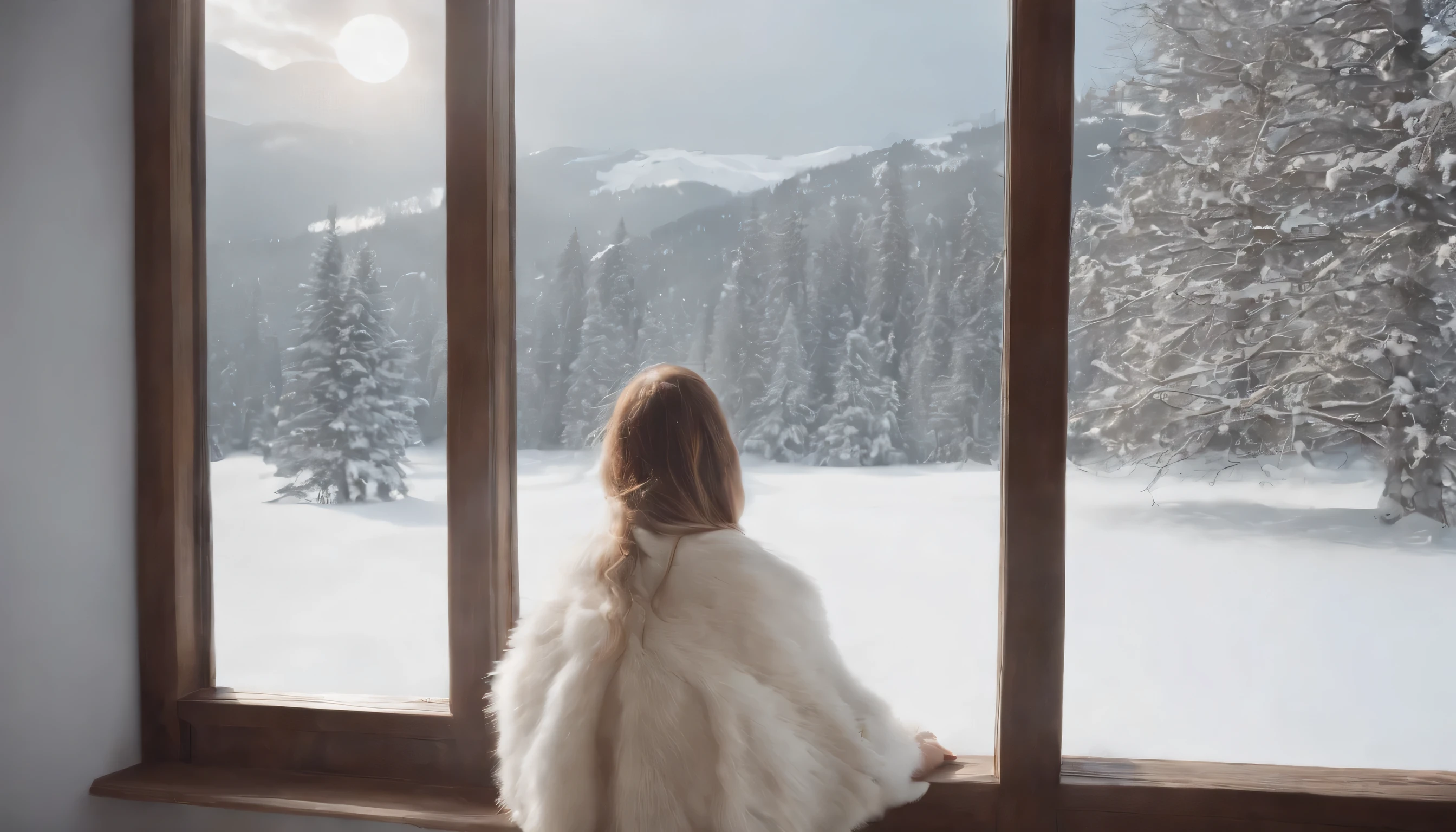 (Highly detailed CG Unity 8K wallpaper、masterpiece、highest quality、Super detailed)、(best lighting、best shadow、very delicate and beautiful)、highest quality、8K、Detailed facial depiction、masterpiece、highest quality、clear image quality、Photo of snowy scenery seen from the window