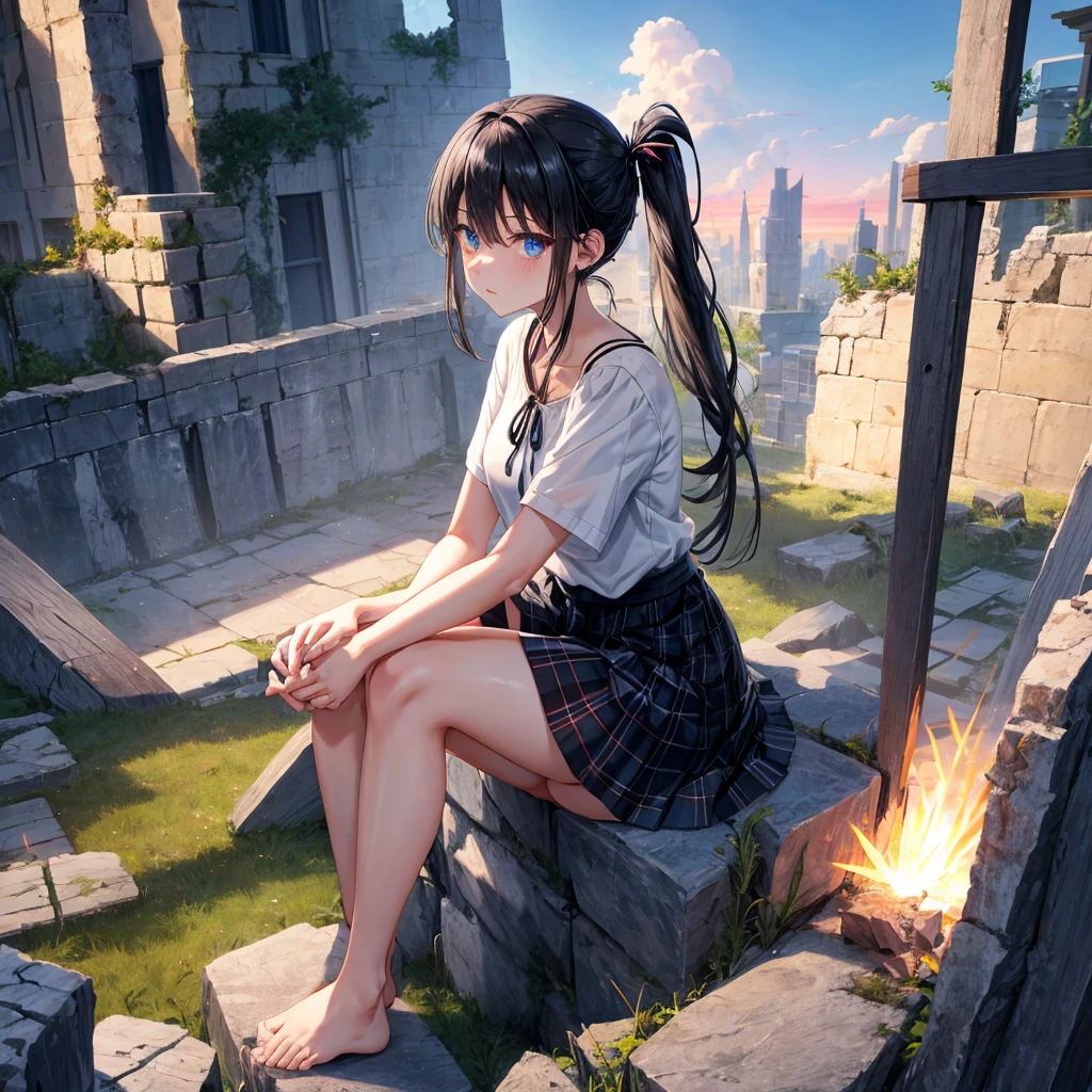 Black blue hair、blue eyes、Braid、ponytail、one good looking girl、solo、anime、Plaid miniskirt、camisole、black t-shirt、Tilting your face、Doing the ribbon、Ribbon at waist、sunset sky、broken stone steps、ruins、tunnel、Fallen leaves、Light and shadow、Raising legs、column、sparks fall、forest、tall grass grows、cloak、the ground is cracked、Shortness of breath、Meteor、sitting on a stone