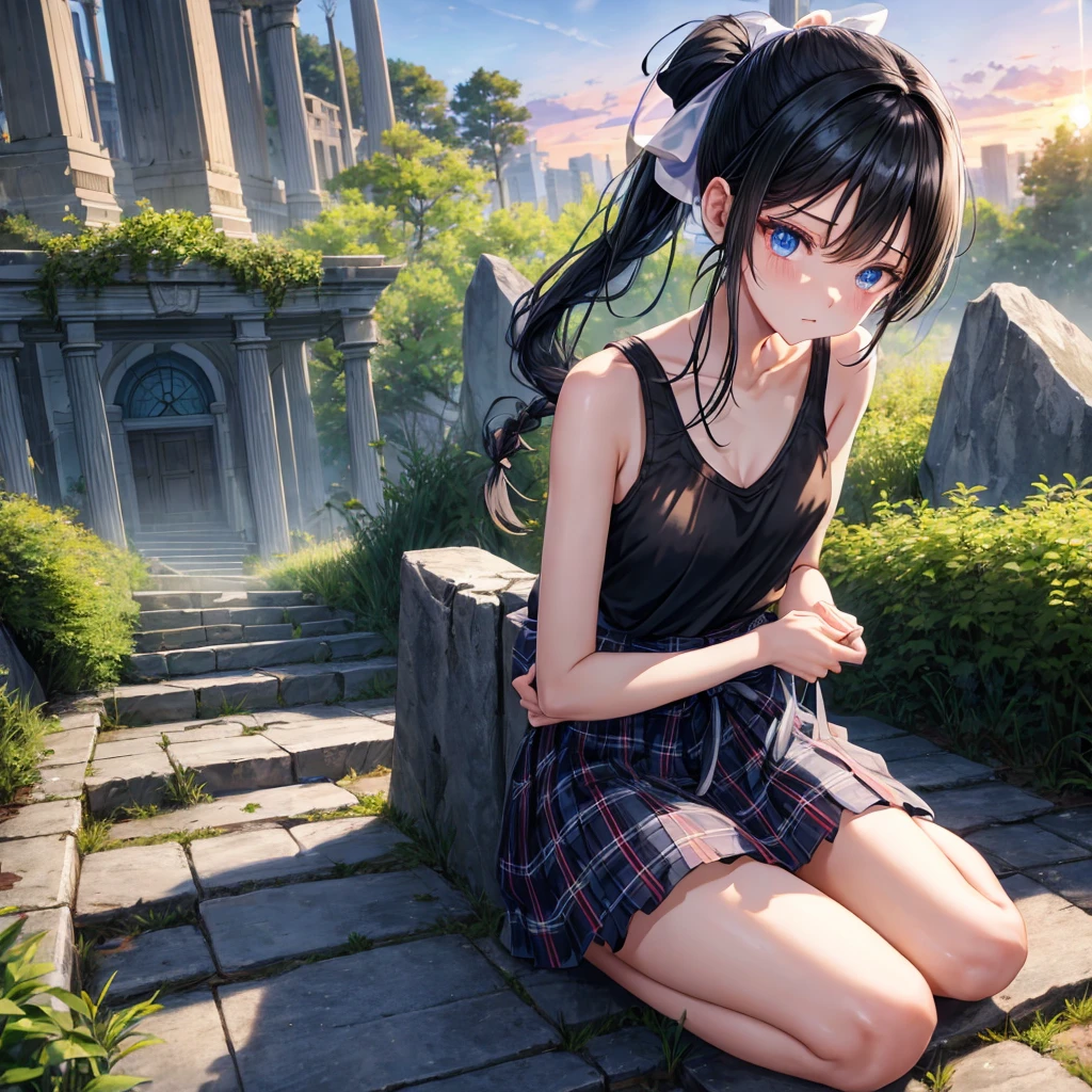 Black blue hair、blue eyes、Braid、ponytail、one good looking girl、solo、anime、Plaid miniskirt、camisole、black t-shirt、Tilting your face、Doing the ribbon、Ribbon at waist、sunset sky、broken stone steps、ruins、tunnel、Fallen leaves、Light and shadow、Raising legs、column、sparks fall、forest、tall grass grows、cloak、the ground is cracked、Shortness of breath、Meteor、sitting on a stone