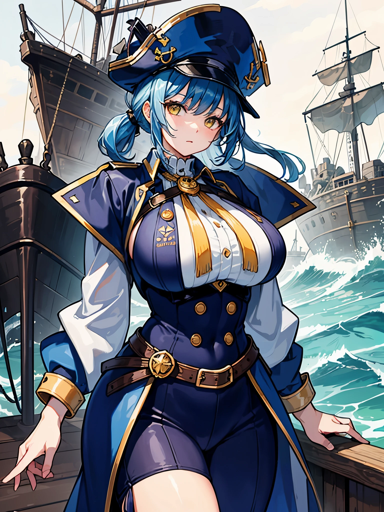 (((masterpiece、Highest image quality、highest quality、highly detailed unity 8kwallpaper)))、((Illustration of one girl、upper body))、(((beautiful girl)))、(female pirate)、(Light light blue hair、short ponytail:1.2、yellow eyes)、((tall))、(((muscle girl, muscle, bulky figure, massive frame, thick neck, sturdy arms, powerful legs、solid chest)))、(captain's suit、Pirate hat、Blue coat、pants)、Pirate ship deck、Old sailing ship