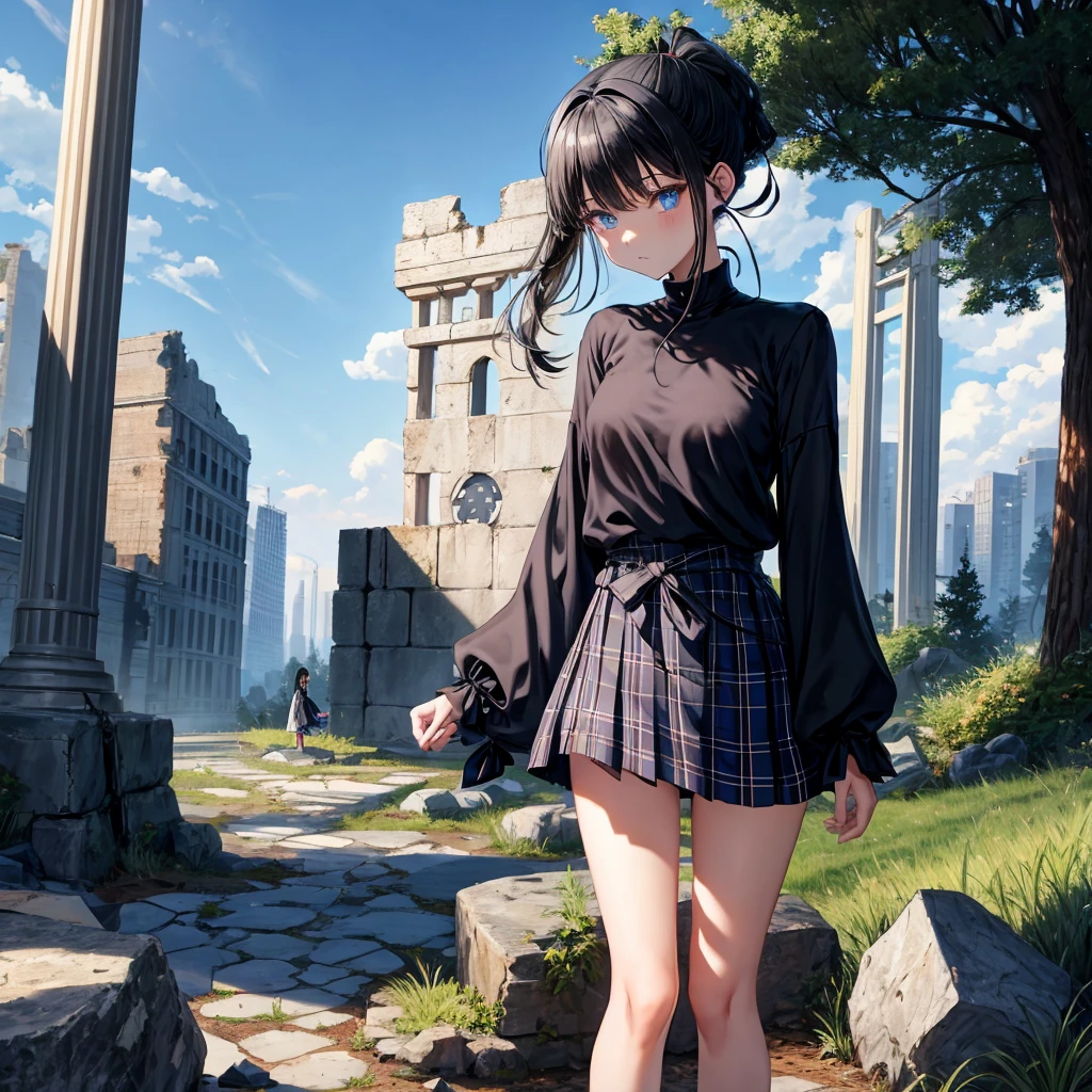 Black blue hair、blue eyes、Braid、ponytail、one good looking girl、solo、anime、Plaid miniskirt、camisole、black t-shirt、Tilting your face、Doing the ribbon、Ribbon at waist、sunset sky、broken stone steps、ruins、tunnel、Fallen leaves、Light and shadow、Raising legs、column、sparks fall、forest、tall grass grows、cloak、the ground is cracked、Shortness of breath、Meteor、sitting on a stone