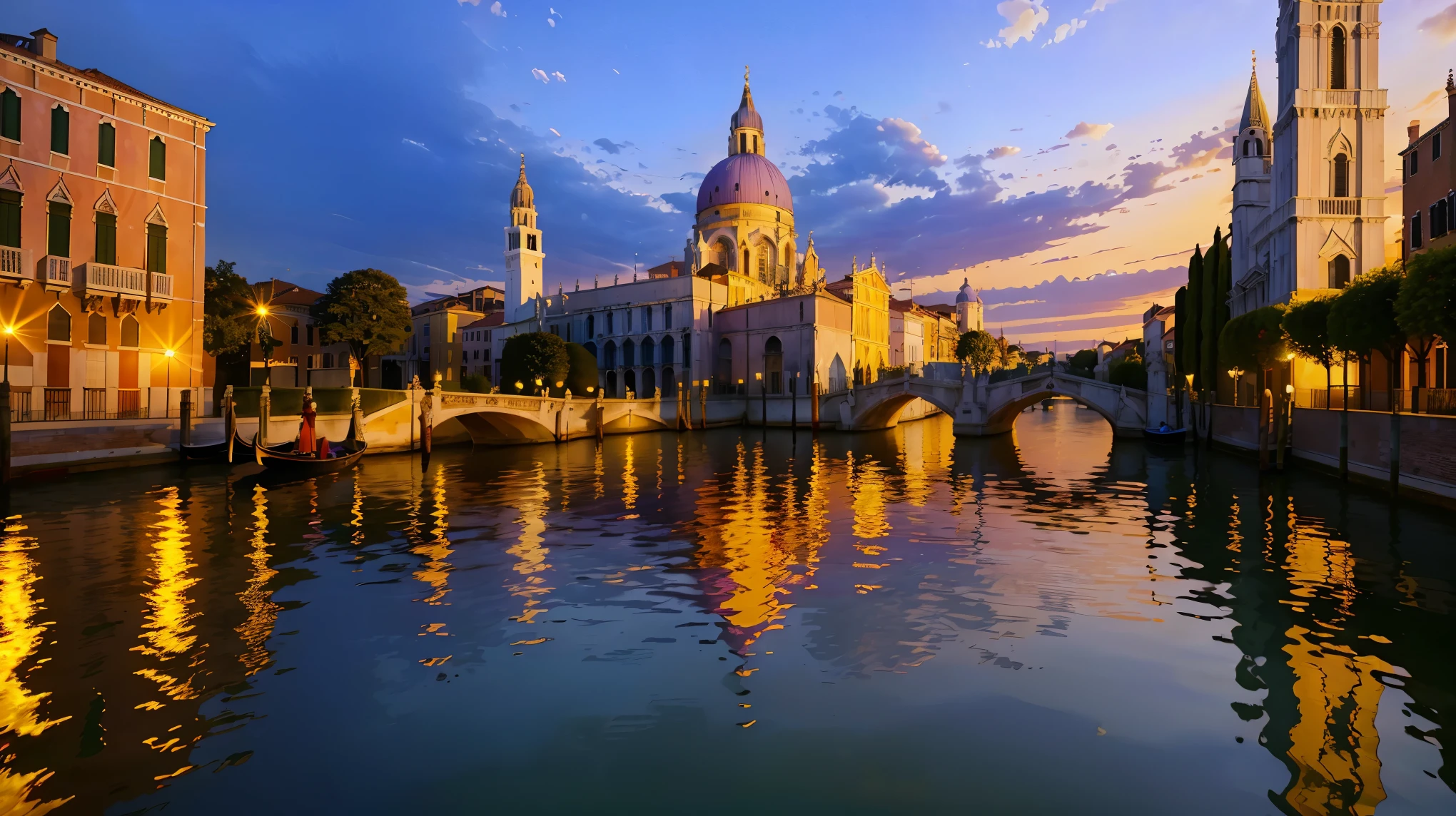 (8K, RAW photo, highest quality, masterpiece:1.2), High-definition RAW color photo, Professional photography, cinematic light, Super detailed, (photorealistic:1.37), ancient city, 夕暮れ時のヴェネツィアのサンタ・マリア・デッラ・サルーテchurchの詳細な眺め、Grand Canal、Grand architecture and intricate details、Beautifully reflected on the calm water surface、church、elaborate carvings and decorations、The best of Venice craftsmanship、warm golden light of the sunset、enchanting atmosphere、Historic facades nearby、Cast long shadows、(The colors are bright and rich、orange、pink、Contains purple)、Highlighting the romantic atmosphere of the city、A complex play of light and shadow、Create depth and three-dimensionality in the composition、churchの壮大さを強調、The sky above is painted in a fascinating mixture of deep blue and purple.、Complex atmosphere at dusk、iconic venice landmarks、True beauty、