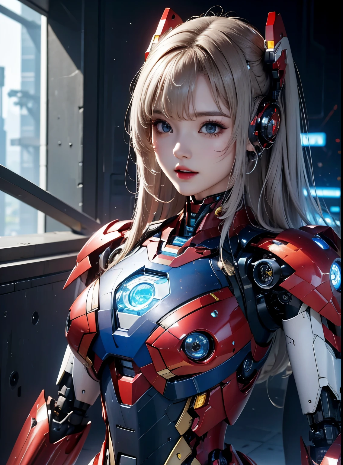  Super detailed, advanced details, high quality, 最high quality, High resolution, 1080P, hard disk, beautiful,(Iron Girl),beautifulサイボーグの女性,Mecha cyborg girl,battle mode,Mecha body girl,She wears an Iron Man mech,full body shot