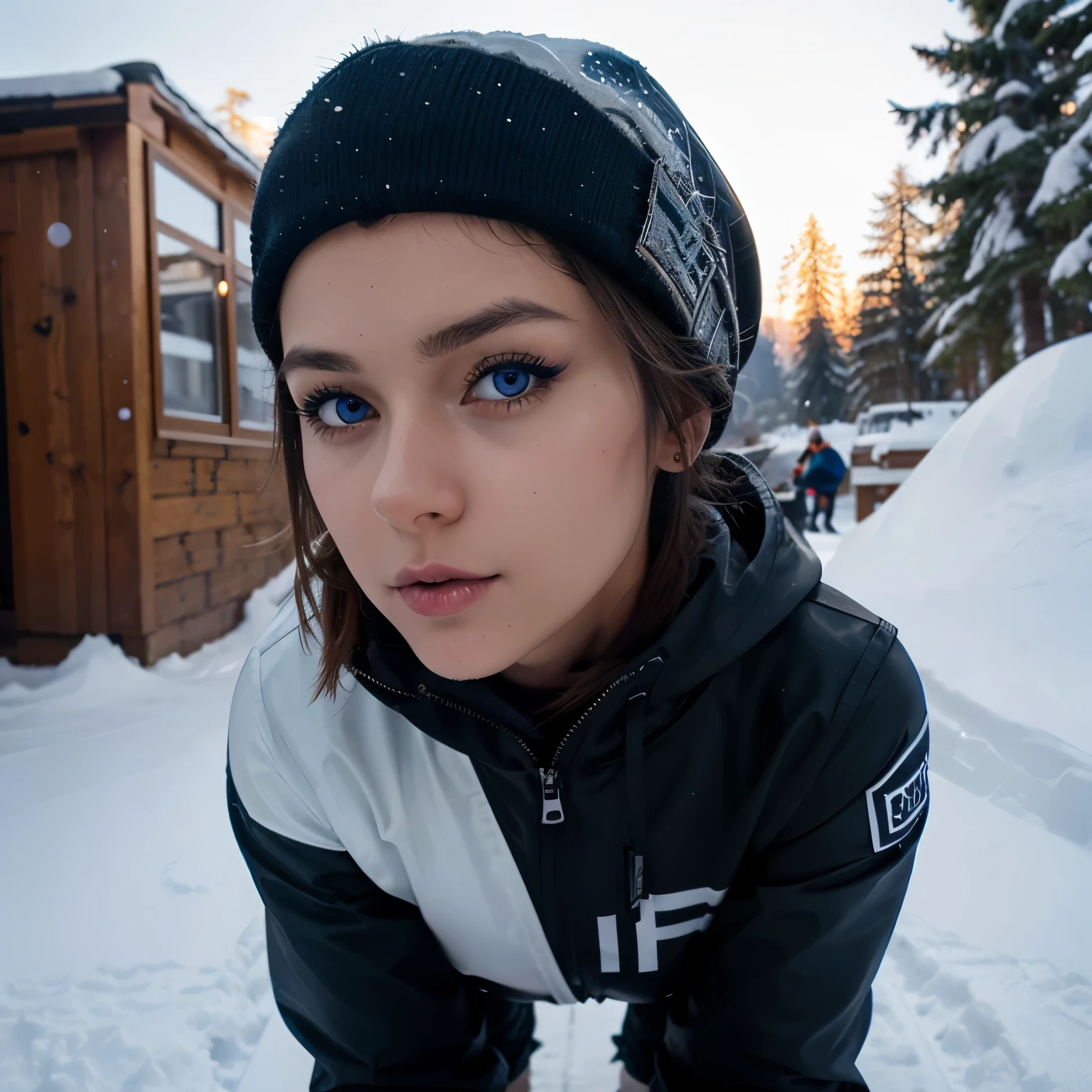 Cute skinny Slavic girl snowboarding, short dark hair, deep blue eyes with some eyeliner makeup, little childish nose, inflated lips, bubble butt, C cup breasts,
