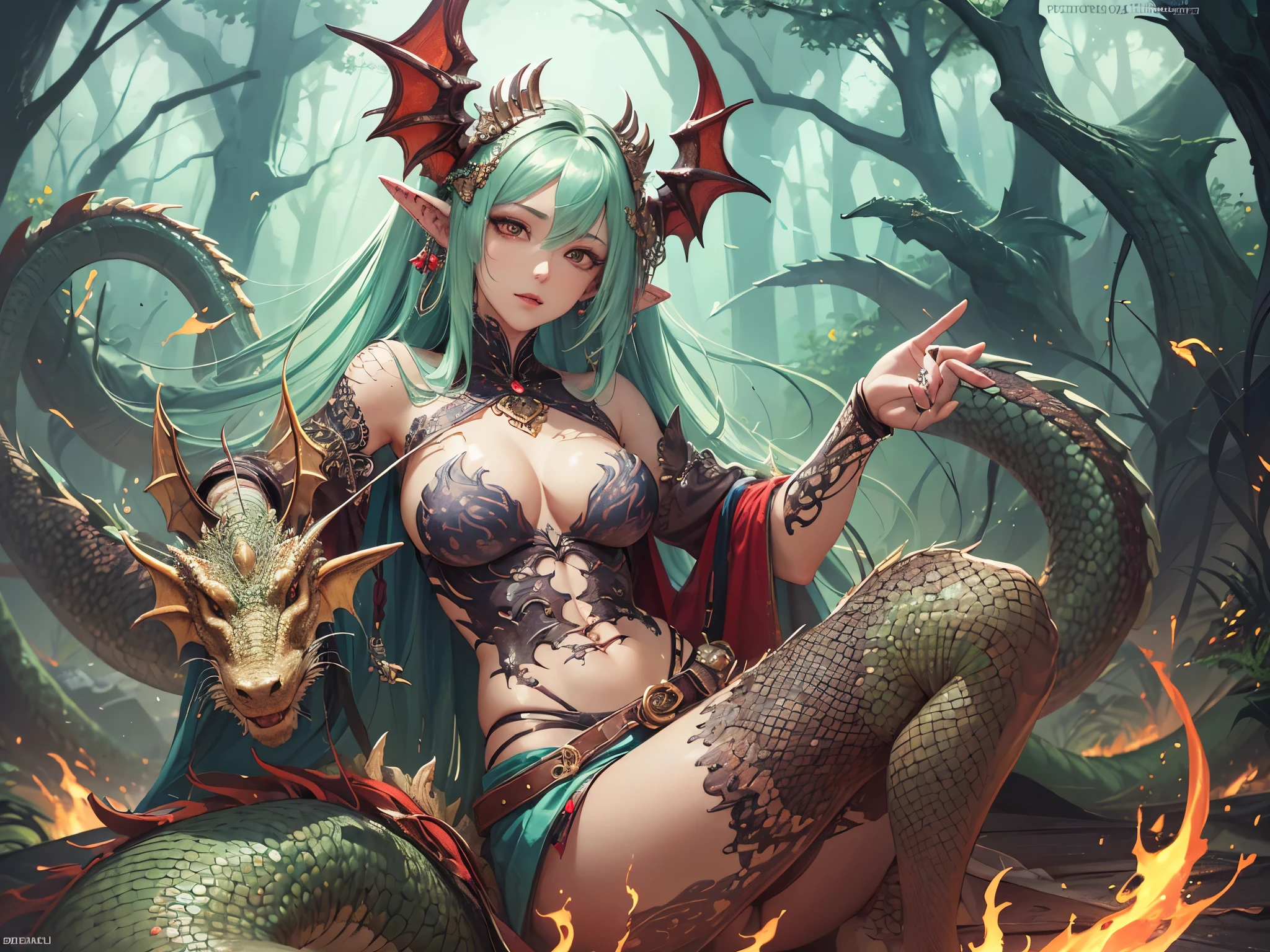 ((highest quality)),(ultra high resolution),(Super detailed),(detailed description),((best CG)),(best work of art),super precision art,great drawing art,(Fantasy art with precise details:1.5), (1 female dragon person:1.7),(beautiful and well-shaped face:1.5),((Dense and detailed scaly skin:1.6)),thick dragon tail:1.4,(fin-like ears:1.7),glamorous body:1.7,belly button:1.6,tattoo:1.6, wood々Mountains full of:1.7,