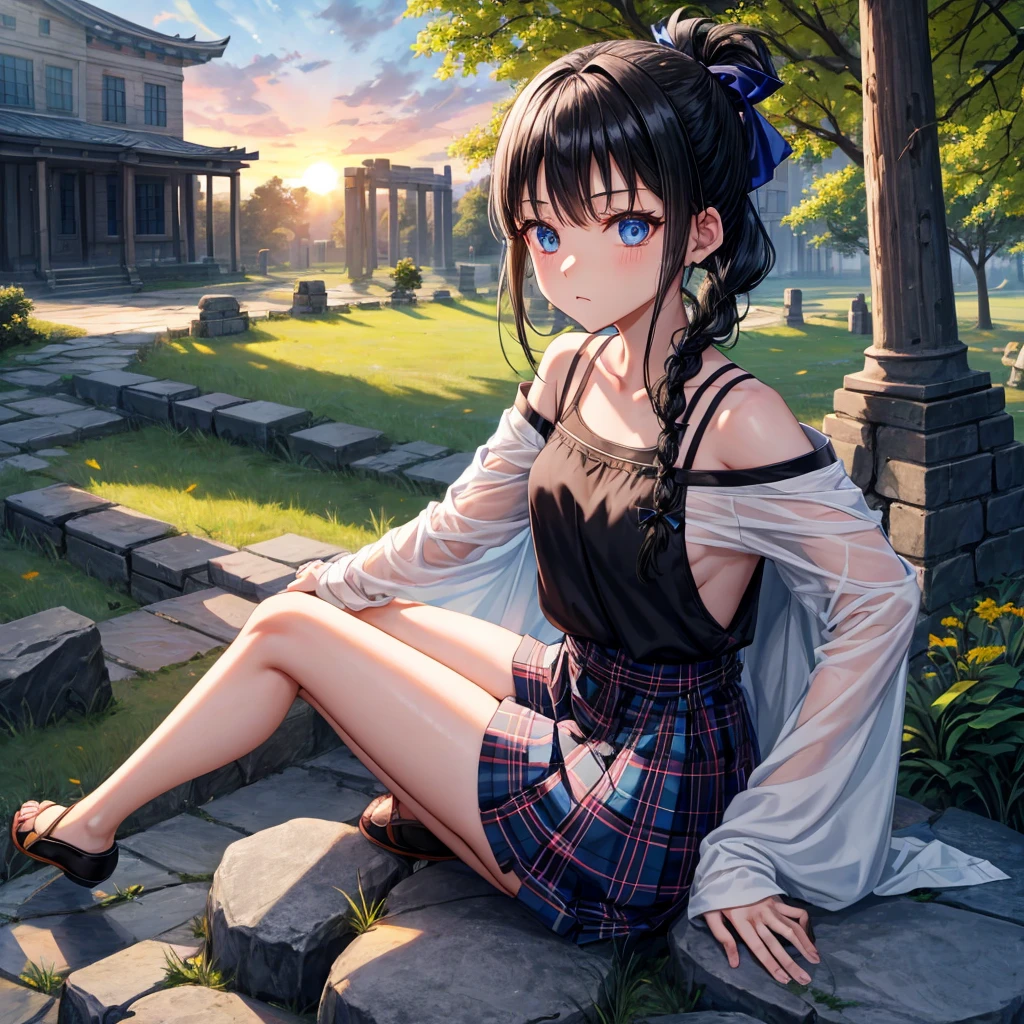 Black blue hair、blue eyes、Braid、ponytail、one good looking girl、solo、anime、Plaid miniskirt、camisole、black t-shirt、Tilting your face、Doing the ribbon、Ribbon at waist、sunset sky、broken stone steps、ruins、tunnel、Fallen leaves、Light and shadow、Raising legs、column、sparks fall、forest、tall grass grows、cloak、the ground is cracked、Shortness of breath、Meteor、sitting on a stone