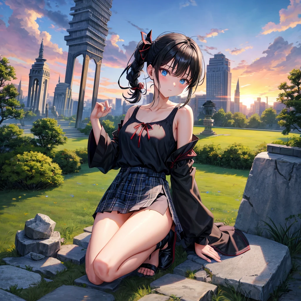 Black blue hair、blue eyes、Braid、ponytail、one good looking girl、solo、anime、Plaid miniskirt、camisole、black t-shirt、Tilting your face、Doing the ribbon、Ribbon at waist、sunset sky、broken stone steps、ruins、tunnel、Fallen leaves、Light and shadow、Raising legs、column、sparks fall、forest、tall grass grows、cloak、the ground is cracked、Shortness of breath、Meteor、sitting on a stone