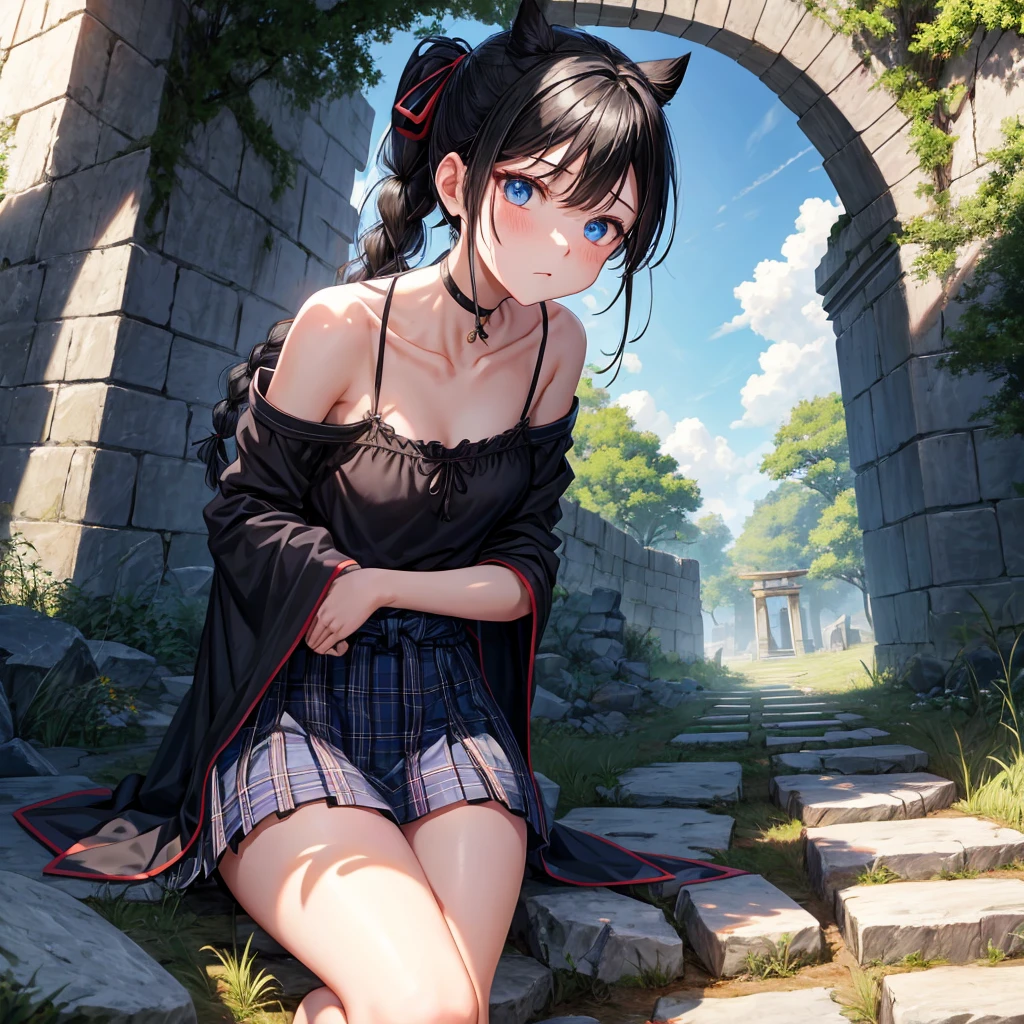 Black blue hair、blue eyes、Braid、ponytail、one good looking girl、solo、anime、Plaid miniskirt、camisole、black t-shirt、Tilting your face、Doing the ribbon、Ribbon at waist、sunset sky、broken stone steps、ruins、tunnel、Fallen leaves、Light and shadow、Raising legs、column、sparks fall、forest、tall grass grows、cloak、the ground is cracked、Shortness of breath、Meteor、sitting on a stone