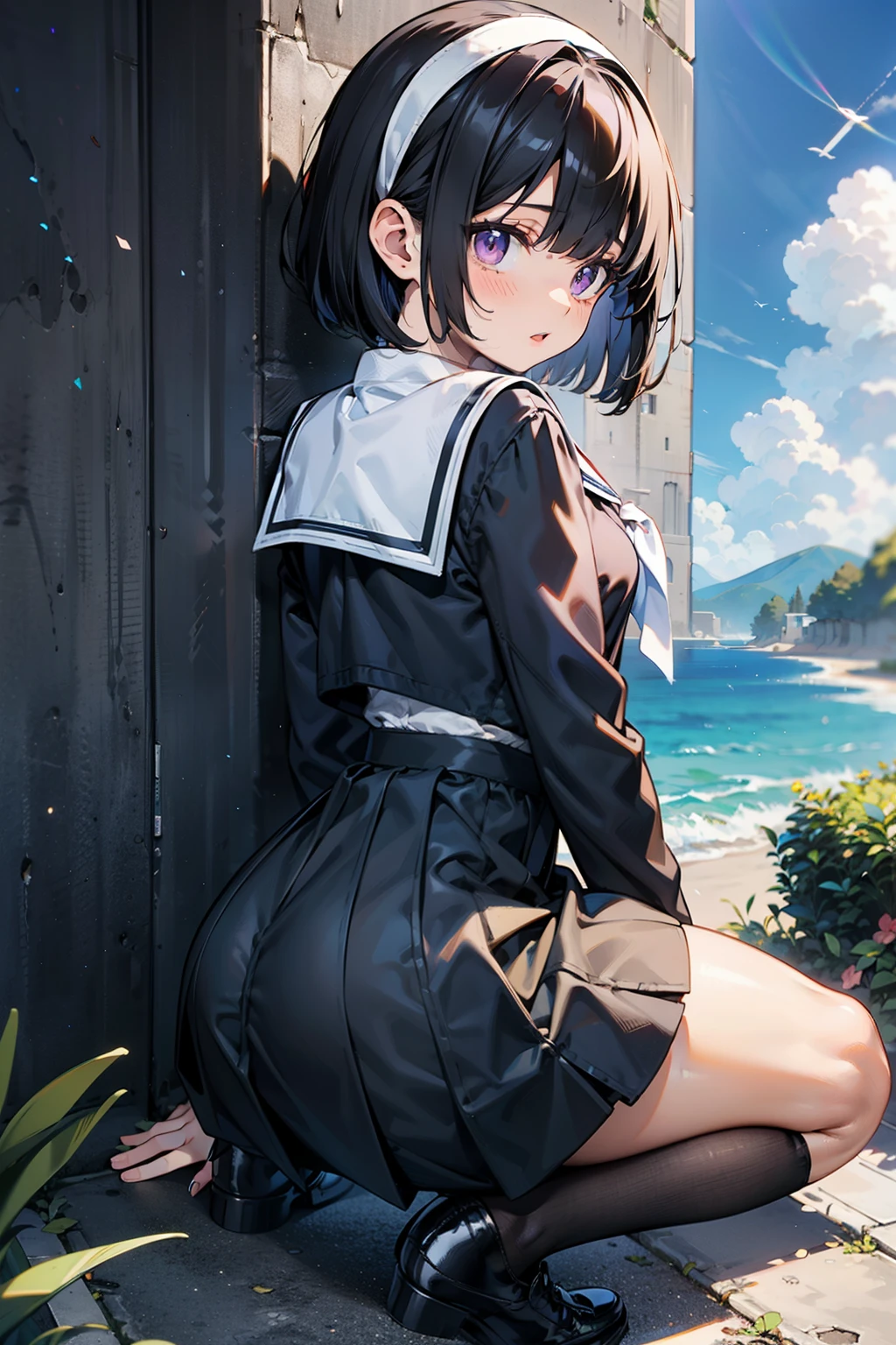 body 8 times longer than head, (Highly detailed CG unity 8k), (highest quality)，(very detailed)，(ultra high resolution), black hair, High school girl wearing a navy sailor suit, Anime 2D rendering, realistic young anime high school girl, ((White headband)), purple eyes, small breasts, tall, slanted eyes, (school scenery), black stockings, bright color, open your mouth, Dark blue skirt, bob cut, position looking down from above, tripping on the right foot, lean forward, bend your knees, sit, Put your butt on the ground,  pose of looking back, 