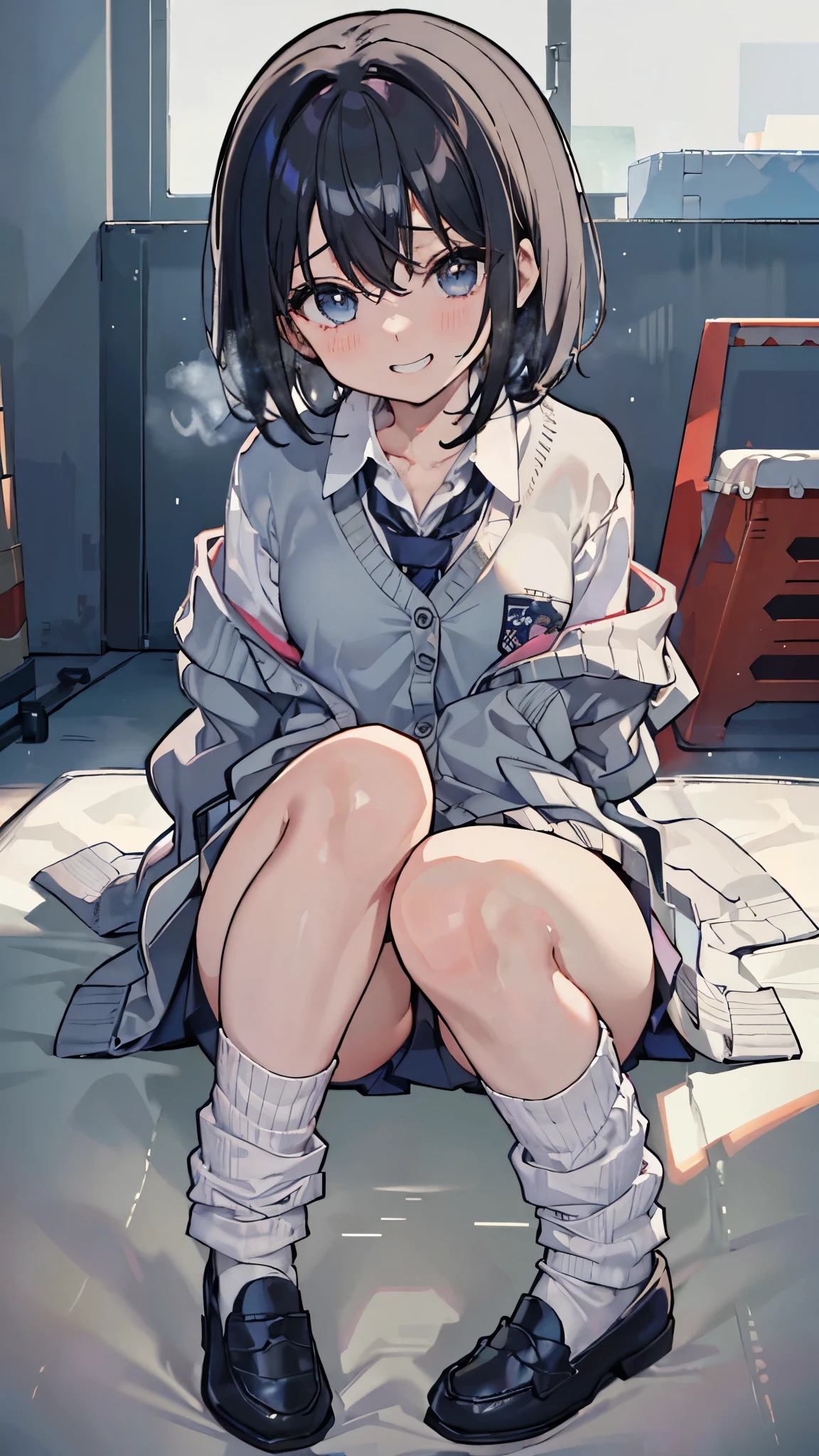 (8K、Highest image quality、highest quality、masterpiece)、detailed face、1 girl、black hair、short hair、hair between eyes、Dark-blue eyes、evil small、((grin))、small breasts、((white shirt))、((gray cardigan))、((black miniskirt))、white socks、loafers、sitting、knees up、full body、Taken from above、vaulting horse、White Matt、Gym storeroom background、((nsfw))