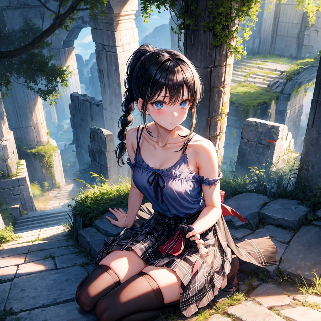 Black blue hair、blue eyes、Braid、ponytail、one good looking girl、solo、anime、Plaid miniskirt、camisole、black t-shirt、Tilting your face、Doing the ribbon、Ribbon at waist、sunset sky、broken stone steps、ruins、tunnel、Fallen leaves、Light and shadow、Raising legs、column、sparks fall、forest、tall grass grows、cloak、the ground is cracked、Shortness of breath、Meteor、sitting on a stone