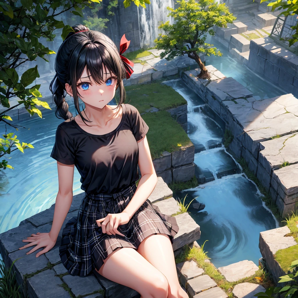 Black blue hair、blue eyes、Braid、ponytail、one good looking girl、solo、anime、Plaid miniskirt、camisole、black t-shirt、Tilting your face、Doing the ribbon、Ribbon at waist、sunset sky、broken stone steps、ruins、tunnel、Fallen leaves、Light and shadow、Raising legs、column、sparks fall、forest、tall grass grows、cloak、the ground is cracked、Shortness of breath、Meteor、sitting on a stone