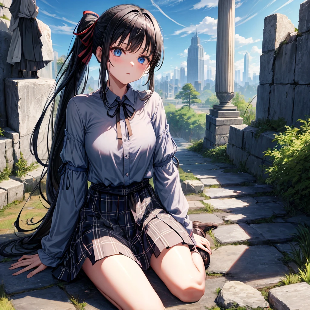 Black blue hair、blue eyes、Braid、ponytail、one good looking girl、solo、anime、Plaid miniskirt、camisole、black t-shirt、Tilting your face、Doing the ribbon、Ribbon at waist、sunset sky、broken stone steps、ruins、tunnel、Fallen leaves、Light and shadow、Raising legs、column、sparks fall、forest、tall grass grows、cloak、the ground is cracked、Shortness of breath、Meteor、sitting on a stone