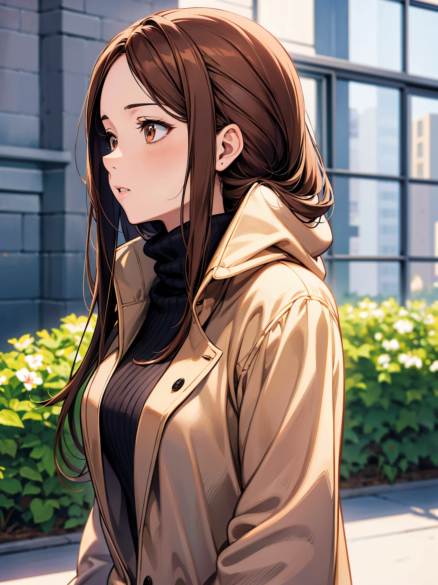Profile of anime girl with brown hair and brown turtleneck sweater, realistic anime 3 d style, kawaii realistic portrait, smooth anime cg art, digital anime illustration, realistic anime art style, realistic anime artstyle, photorealistic anime girl render, anime realism style, anime style portrait, detailed portrait of anime girl, render of april, realistic young anime girl, semirealistic anime style