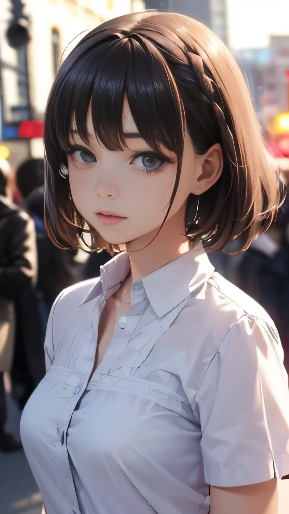 highest quality, realistic, 1 girl, woman,(skin dents), Medium chest, (bright), (professional lighting, Bokeh), (street), people々, crowd, Braided bangs, (blouse:1.5), (I wore:0.8), nice, bloom, floating hair, (dynamic pose:0.6) , soft lighting,