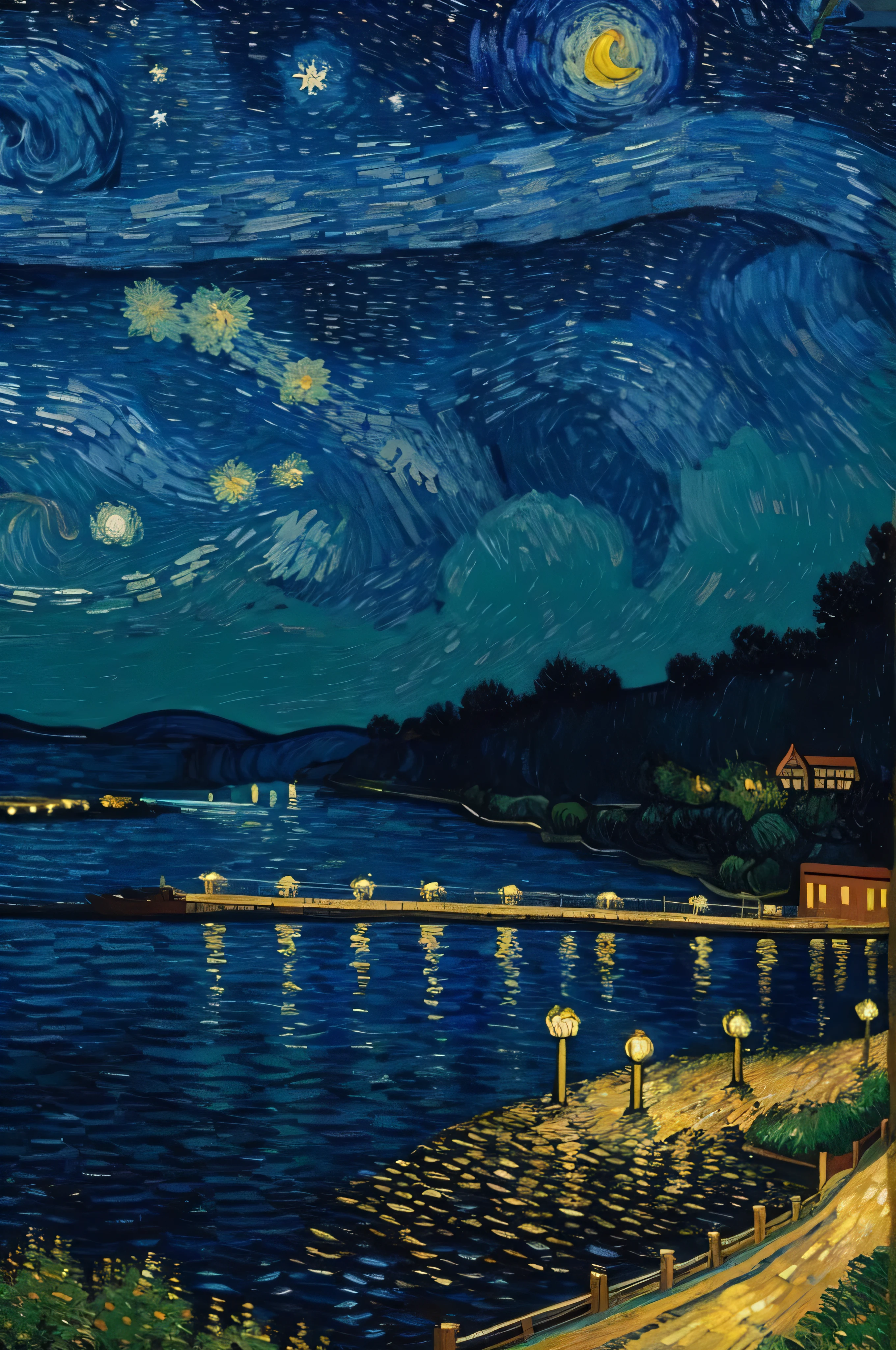 Van Gogh art style, nightly sky full of stars, river and church o one bank