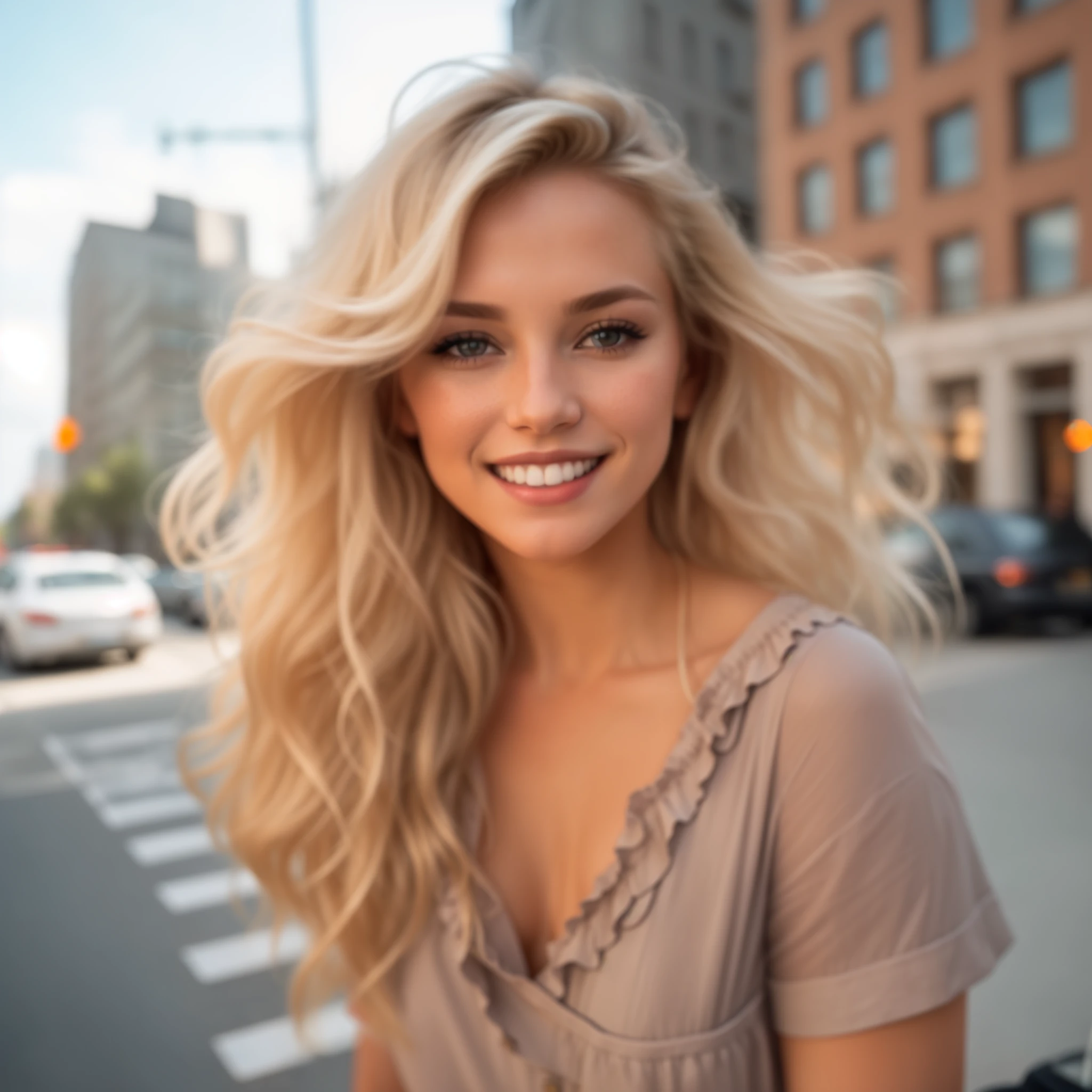 blonde woman with long hair standing on the street in front of a building, beautiful blonde woman, beautiful blonde girl, tags: blonde hair, Big breasts, Big chest, blonde woman, a girl with blonde hair, by Kristian Zahrtmann, cute woman, by Seb McKinnon, shoulder - length blonde hair, a gorgeous blonde, beautiful blonde hair, beautiful and smiling, by Matija Jama