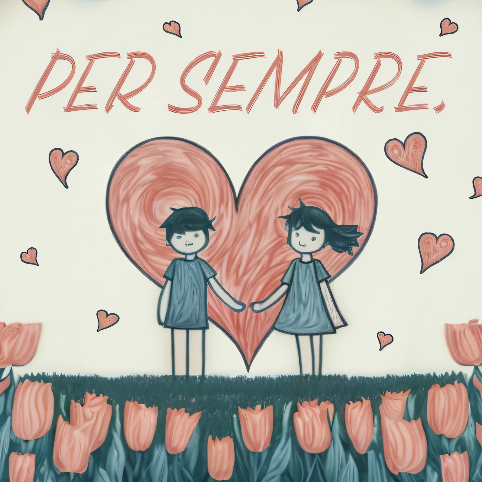 there is a drawing of two people holding hands in front of a heart