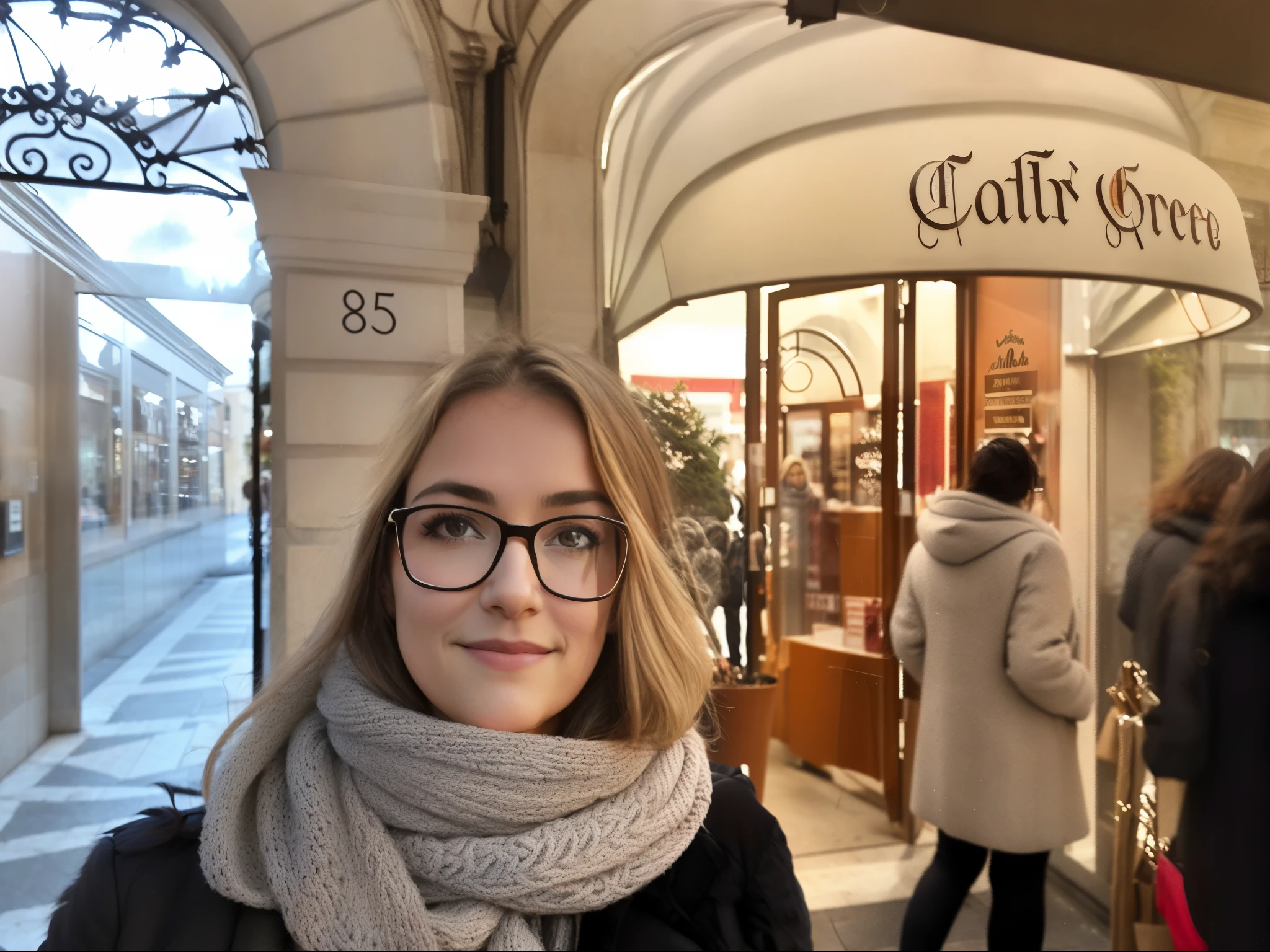 arafed woman wearing glasses and a scarf standing in front of a store, in Rome centre, 8k selfie photograph, standing in a city center