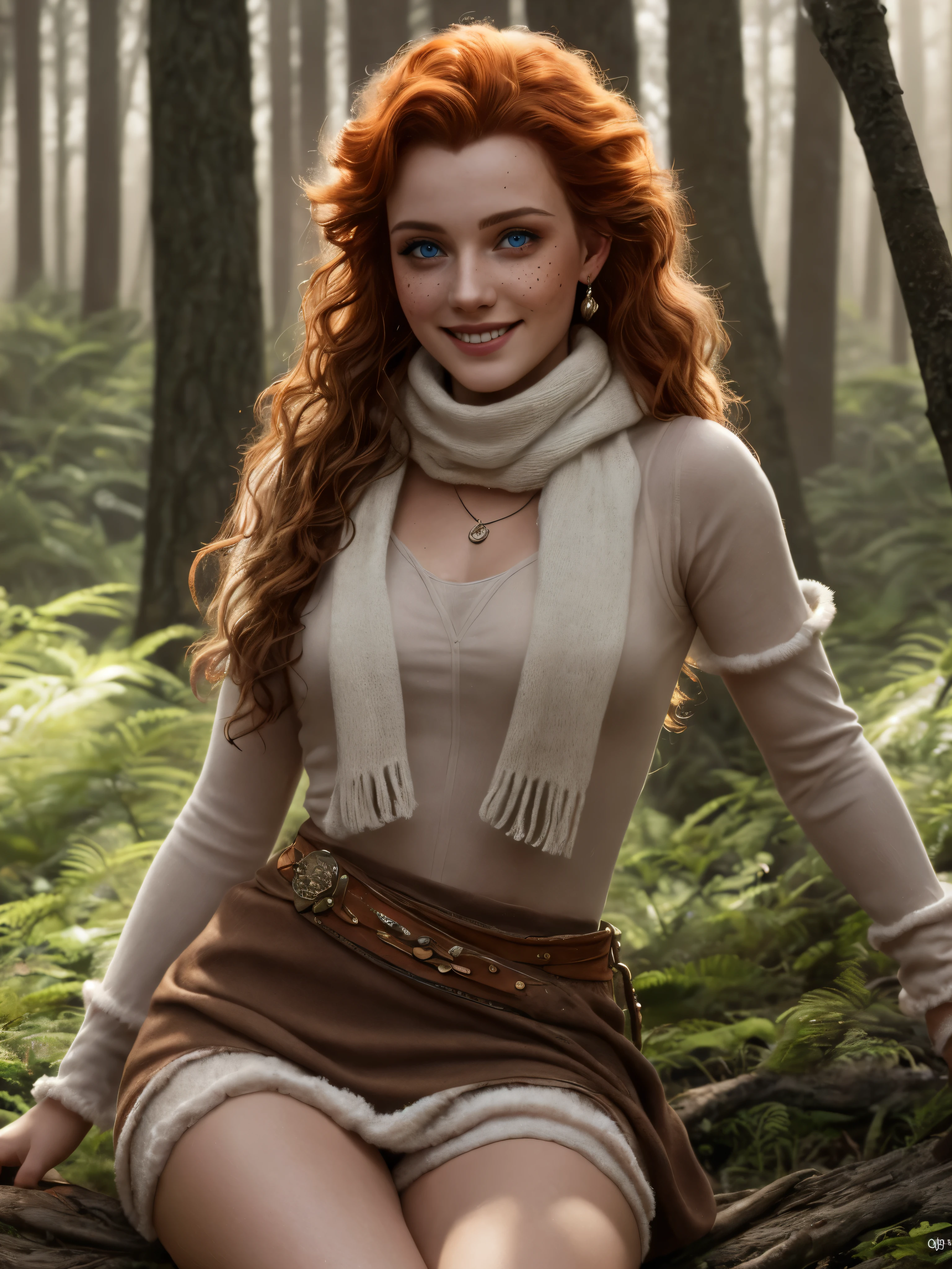 (Realistic:1.2), Photorealistic attractive beautiful woman with messy red hair, Blue eyes, small freckles, wear a long scarf and leg warmers, Princess Merida, brave, cute sexy, feminine pose, In the woods, Cinematic lighting, Ethereal light, complex parts, extremely detailed, full color, complex parts, Insanely detailed and confusing, Hyper maximalist, rich colors, Cinematic, smiling, bright colors, detailed beautiful eyes and perfect face, rim light, 16 thousand., Best quality