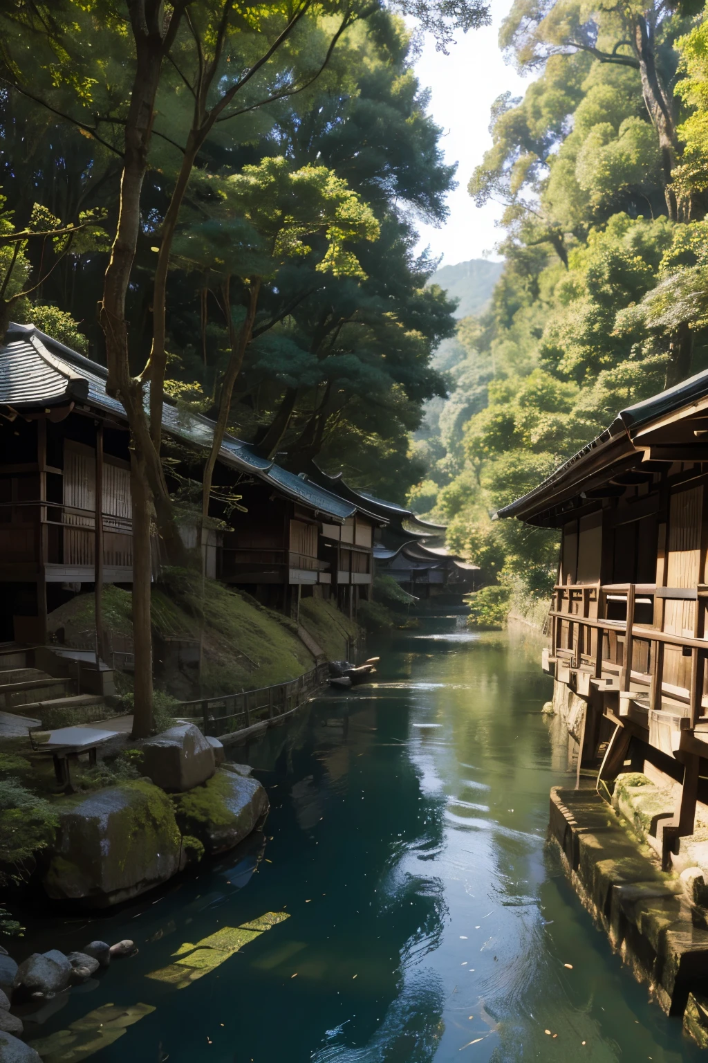 medieval japanese fantasy village with forest and river