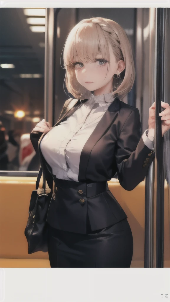 highest quality, realistic, 1 girl, woman,(skin dents), big breasts, (bright), (professional lighting, Bokeh), (crowded train), people々, crowd, Braided bangs, Japan  clothes、