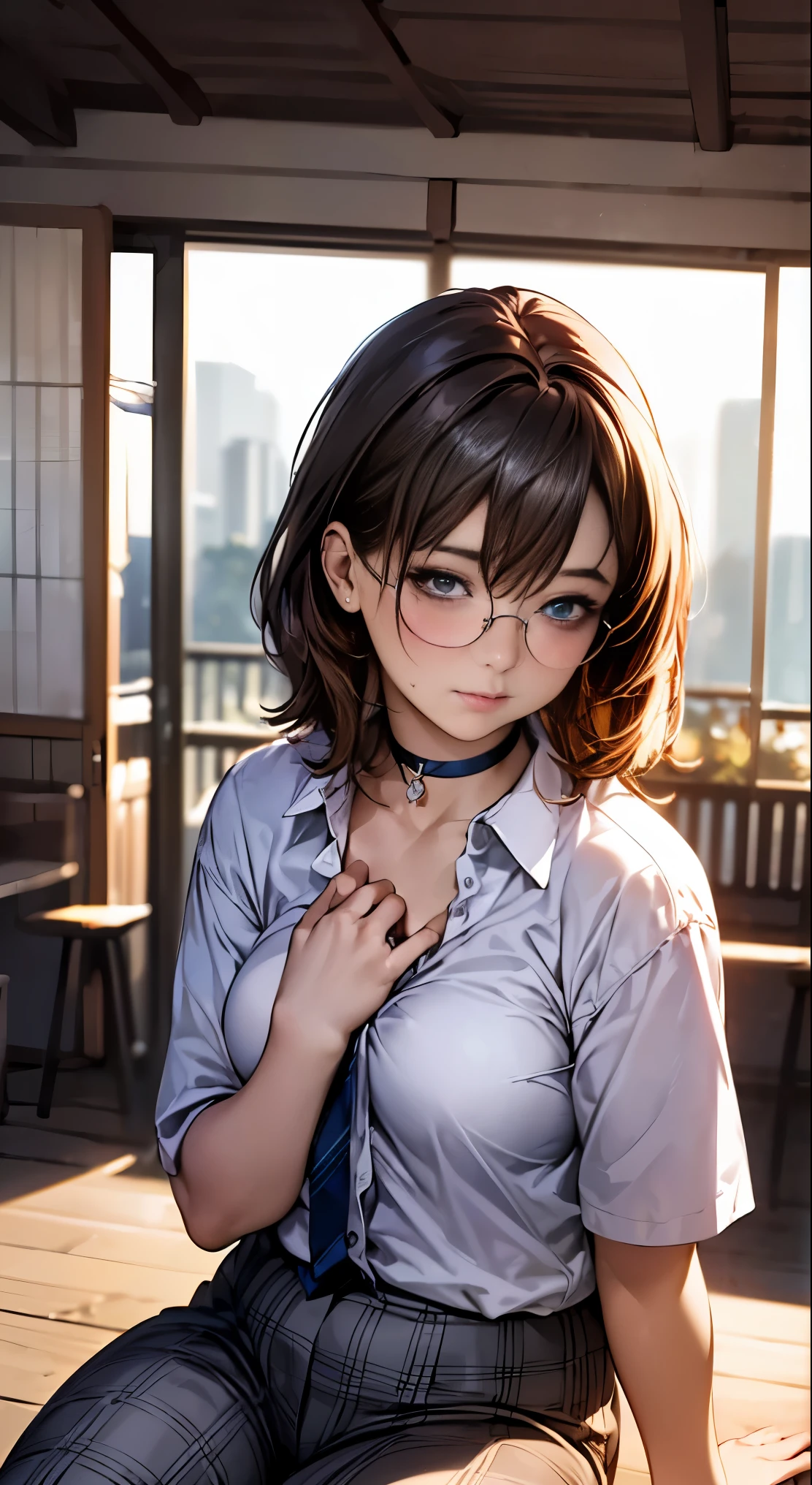 (masterpiece:1.2, highest quality), (realistic, photorealistic:1.4), beautiful illustrations, 
looking at the viewer, whole body, Front view:0.6, 
1 female, Japanese, high School girl, ((medium hair:1.5)), blown hair, bangs, hair between eyes, big breasts:0.8, 
beautiful hair, beautiful face, beautiful and detailed eyes, beautiful clavicle, (Chubby body type:1.5), beautiful breasts, beautiful thighs, beautiful feet, beautiful fingers, 
(beautiful scenery), , School,
((white shirt , gray plaid jacket and pants, Blue plaid tie, round glasses, choker)), (put your hand on your chest, hand between legs), blush