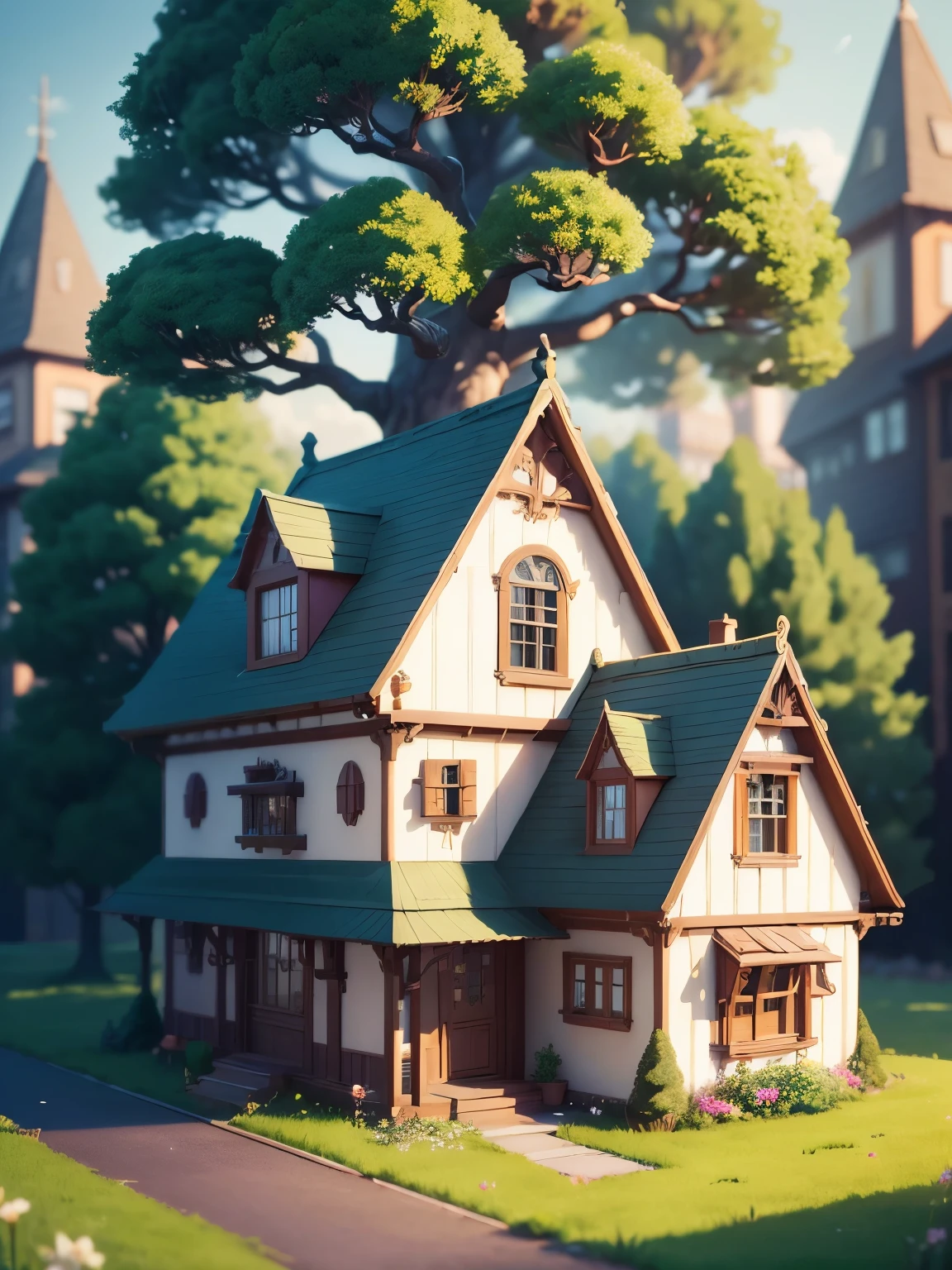 ((masterpiece、very detailed、CG Unity 8k、best quality、very detailed：1.2))、(Top quality: 1.2)、 The exterior of the house、white and pink house、cherry blossoms、(best illustrations)、 (beautiful lighting)、Isometric 3D、octane rendering、ray tracing、Super detailed、fantasy world、童話に出てくるようなbuilding、building、A creepy tree in the background々、fairy tale、Cartoon、Cartoon design style、Beautifully detailed digital art, In a Sweet Earth Style House、movie、Super detailedなレンダリング、fantastic world housing 、 2D game isometric camera view