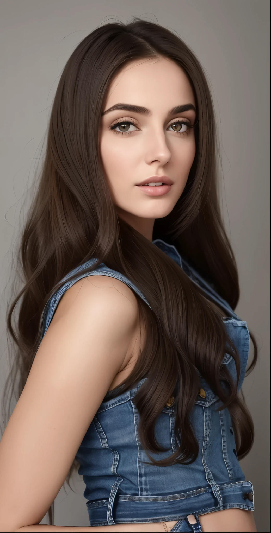 um close up de uma mulher com cabelos longos usando um vestido jeans, cabelo castanho longo com franja, young beautiful amoranto, Anna Nikonova aka Newmilky, cabelos longos de cor castanha, amoranto, dilraba dilmurat, brown flowing hair, Kailee Mandel, long flowing brown hair, 2 modelo feminino de 4 anos, Maia Sandu Hiper-realista