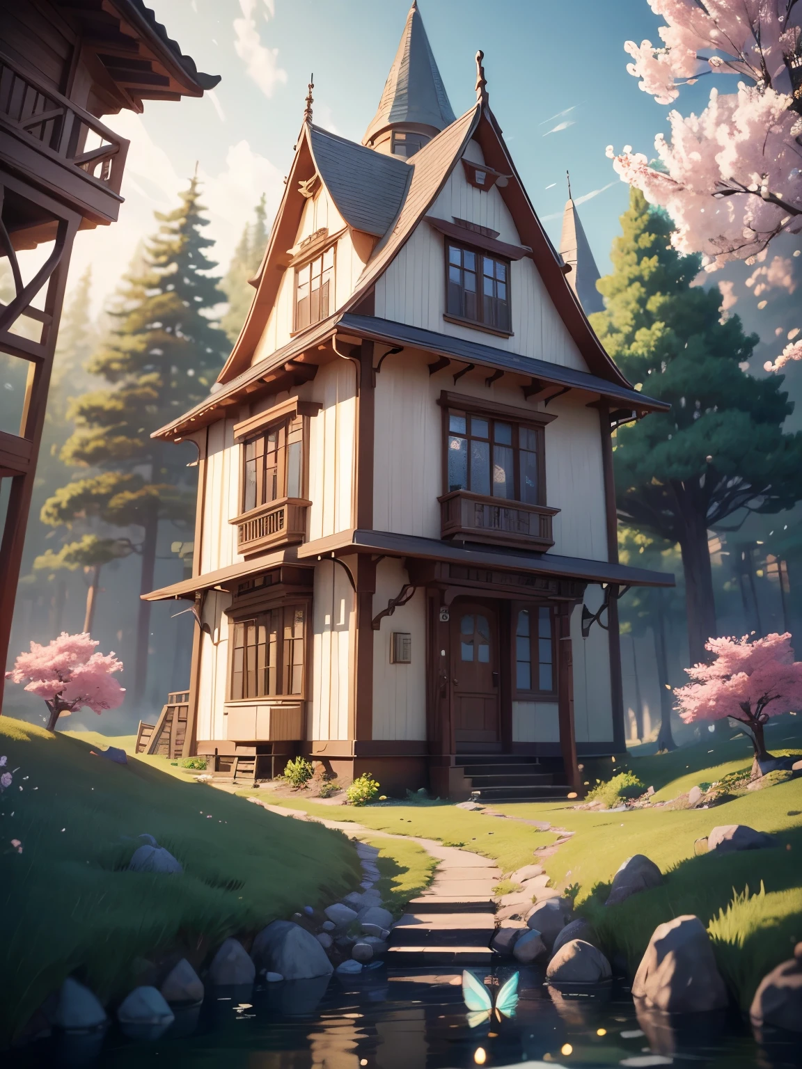 ((masterpiece、very detailed、CG Unity 8k、best quality、very detailed：1.2))、(Top quality: 1.2)、 The exterior of the house、white and pink house、cherry blossoms、(best illustrations)、 (beautiful lighting)、Isometric 3D、octane rendering、ray tracing、Super detailed、fantasy world、童話に出てくるようなbuilding、building、A creepy tree in the background々、fairy tale、Cartoon、Cartoon design style、Beautifully detailed digital art, In a Sweet Earth Style House、movie、Super detailedなレンダリング、fantastic world housing 、 2D game isometric camera view