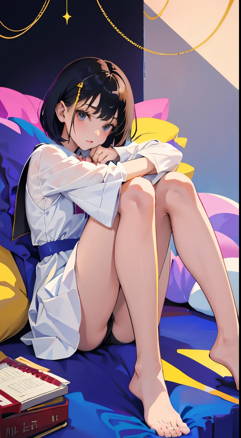 (short cute girl，small young student，young delicate girl）,（masterpiece，Top quality)，hugging own legs，sit with one's knees，bend legs，black hair