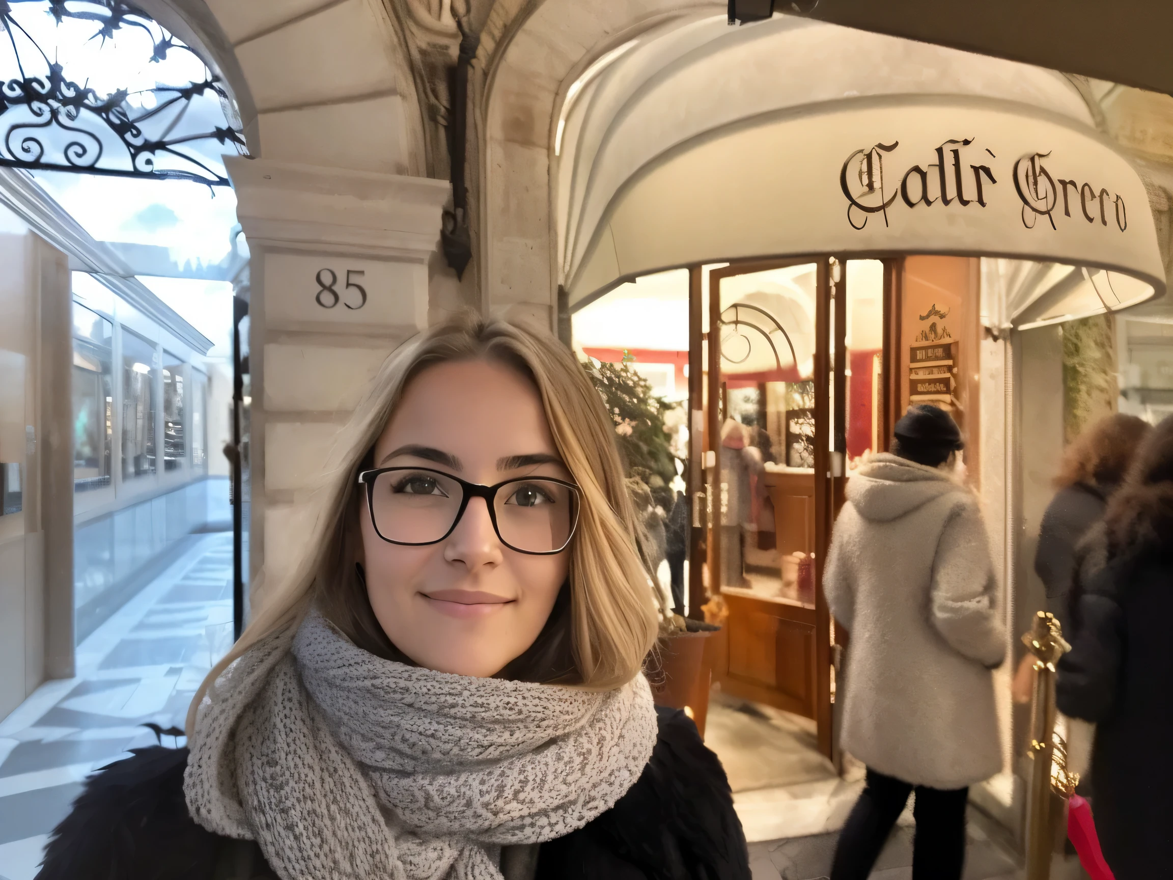 arafed woman wearing glasses and a scarf standing in front of a store, in Rome centre, 8k selfie photograph, standing in a city center