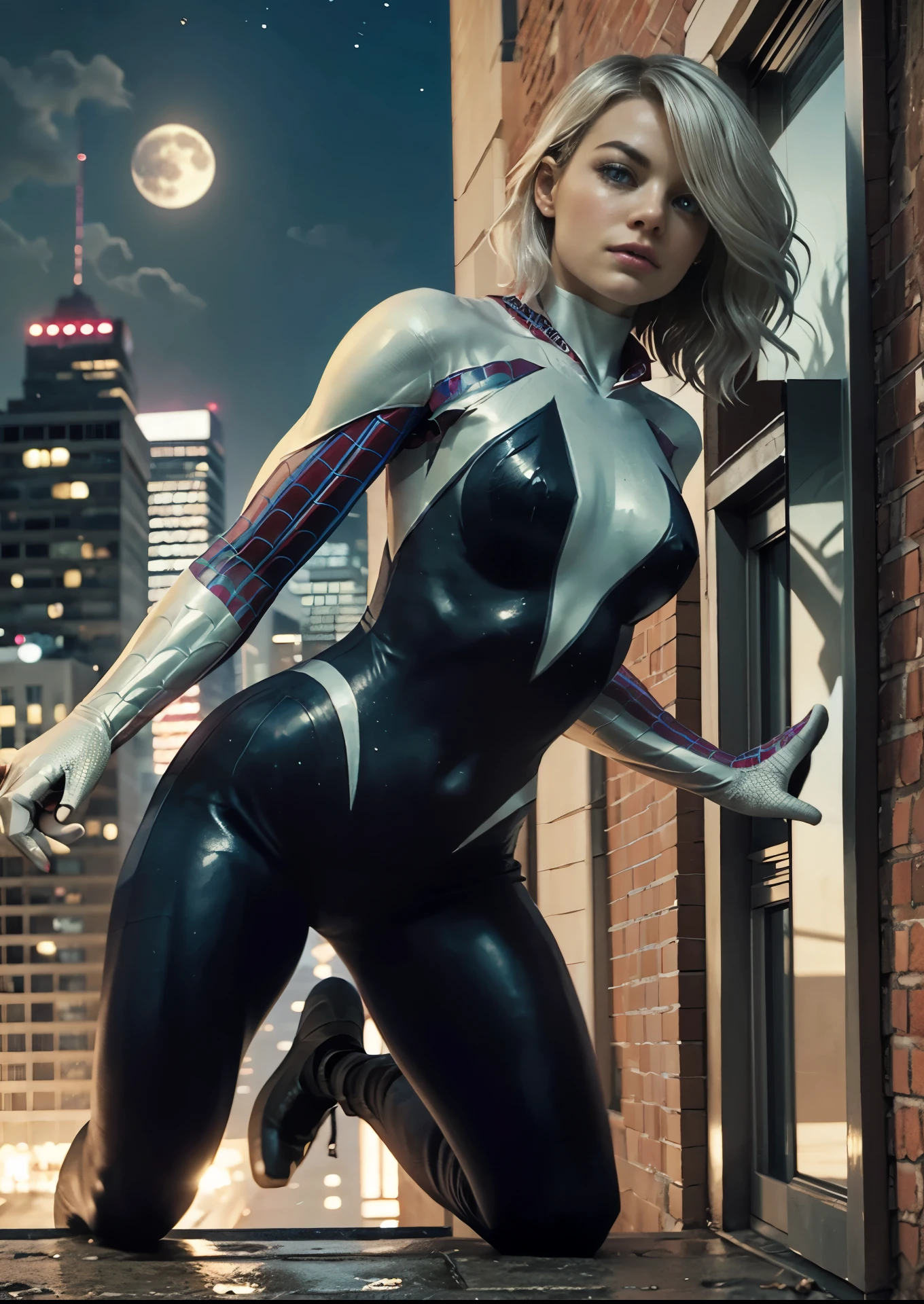  (Masterpiece, 4k resolution, ultra-realistic, very detailed), (White superhero theme, charismatic, there's a girl at the top of town, wearing Spider-Man costume, she's a superhero), [ (25 years), (short white hair:1.2), full body, (blue eyes:1.2), ((Spider-Man pose),show of strength, jumping from one building to another), ((sandy urban environment):0.8)| (cityscape, at night, dynamic lights), (full moon))] # Explanation: The Prompt mainly describes a 4K painting of ultra-high definition, very realistic, very detailed. It shows a superheroine at the top of the city, wearing a Spider-Man costume. The theme in the painting is a white superhero theme, the female protagonist has long white hair, is 25 years old and her entire body is shown in the painting. In terms of portraying the actions of superheroines, spiders are employed