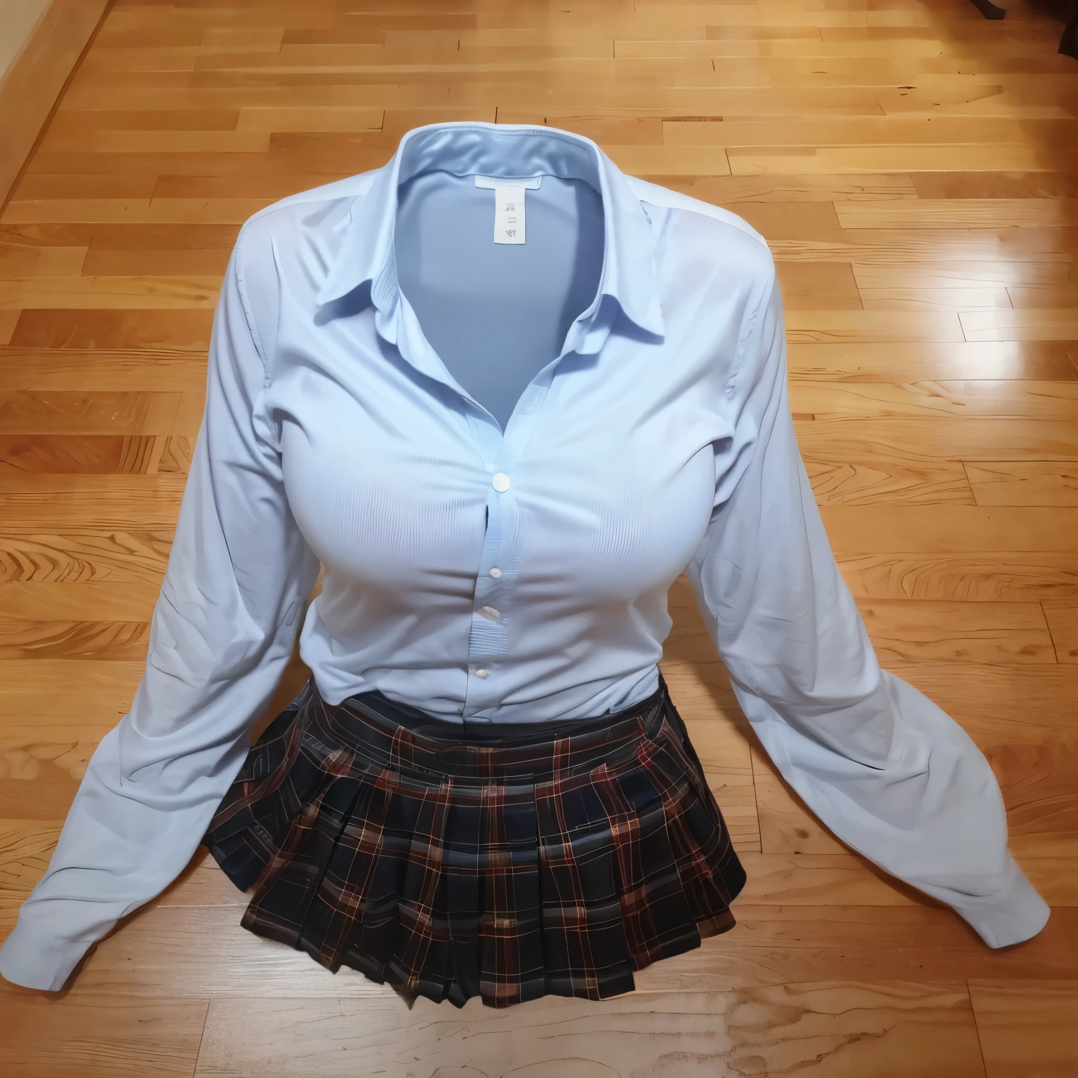 school uniform on floor, stripe tie, plaid school skirt, (invisible, no humans, headless, faceless:1.5), cute big breasts