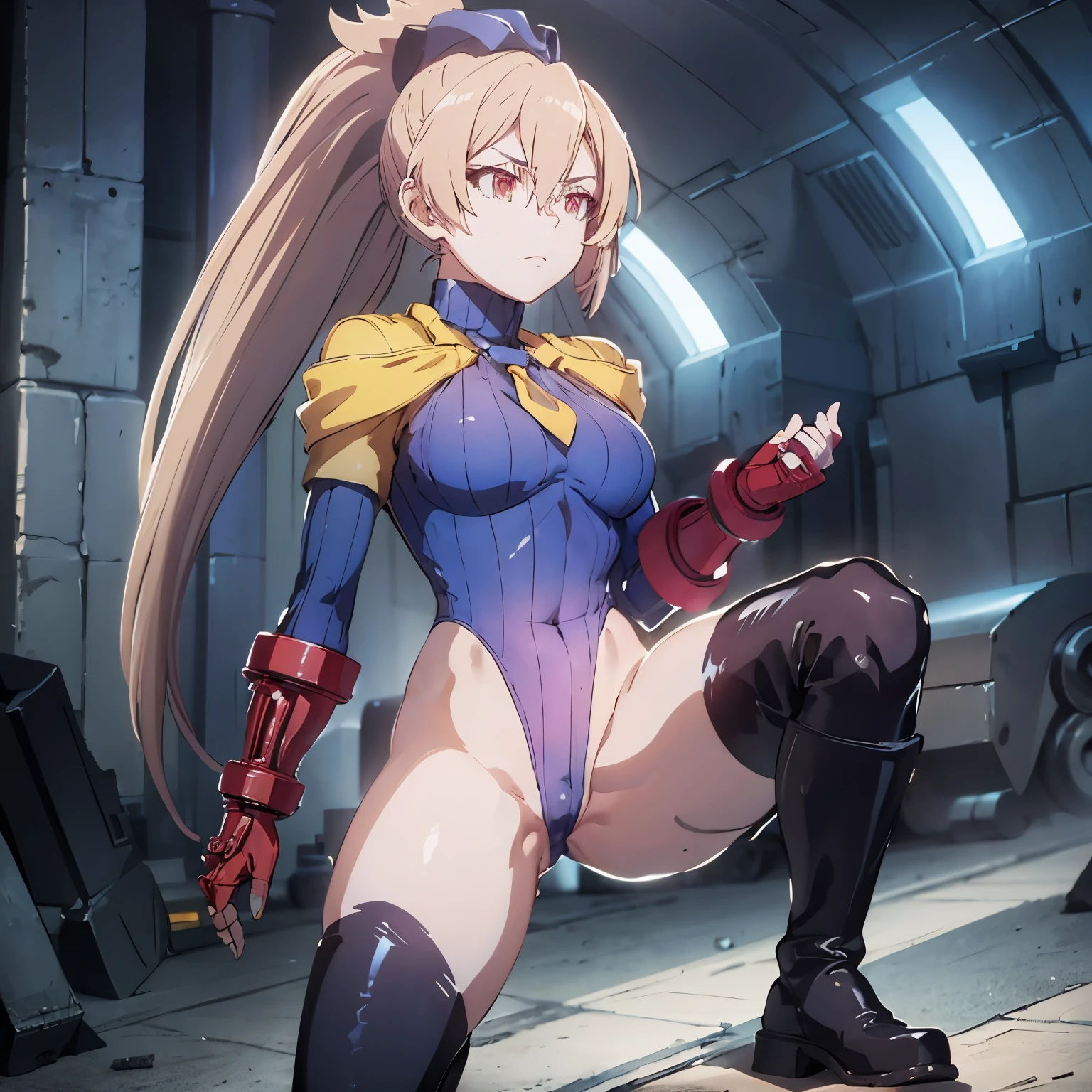 ultra-detailed, , Beautiful body, Beautiful Nose, Beautiful character design, perfect eyes, perfect face, ultra highres, 4K, beautiful legs, perfect legs, Nice hands, Perfect hand, Masterpiece, Best Quality, Highly detailed, illustration, absurdres, perfect , street fighter, doll suit, shadaloo doll, dollsuit, expressionless, blank eyes, looking at viewer, red gloves, emotionless, black , corrution, mind control, female combatant, full body, hypnotized, unhappy trance, full body suit, ribbed , both arms at side, obey, perfect female body, extremely glossy , hypnosis, hypnoLora, empty eyes, Mind control device, poses, _pose, Slave, stand up straight, standing, standing at attention, hat, necktie, belt, , ribbed , thighhighs, garter belt, Fighting Stance, extending the right arm from the shoulder into the air with a straightened hand, military, thigh boots, 1girl, hair ornaments, blonde hair, long hair, amber eyes, (((pixel-perfect, detail-perfect))), solo, 1girl, menou, capelet, ponytail
