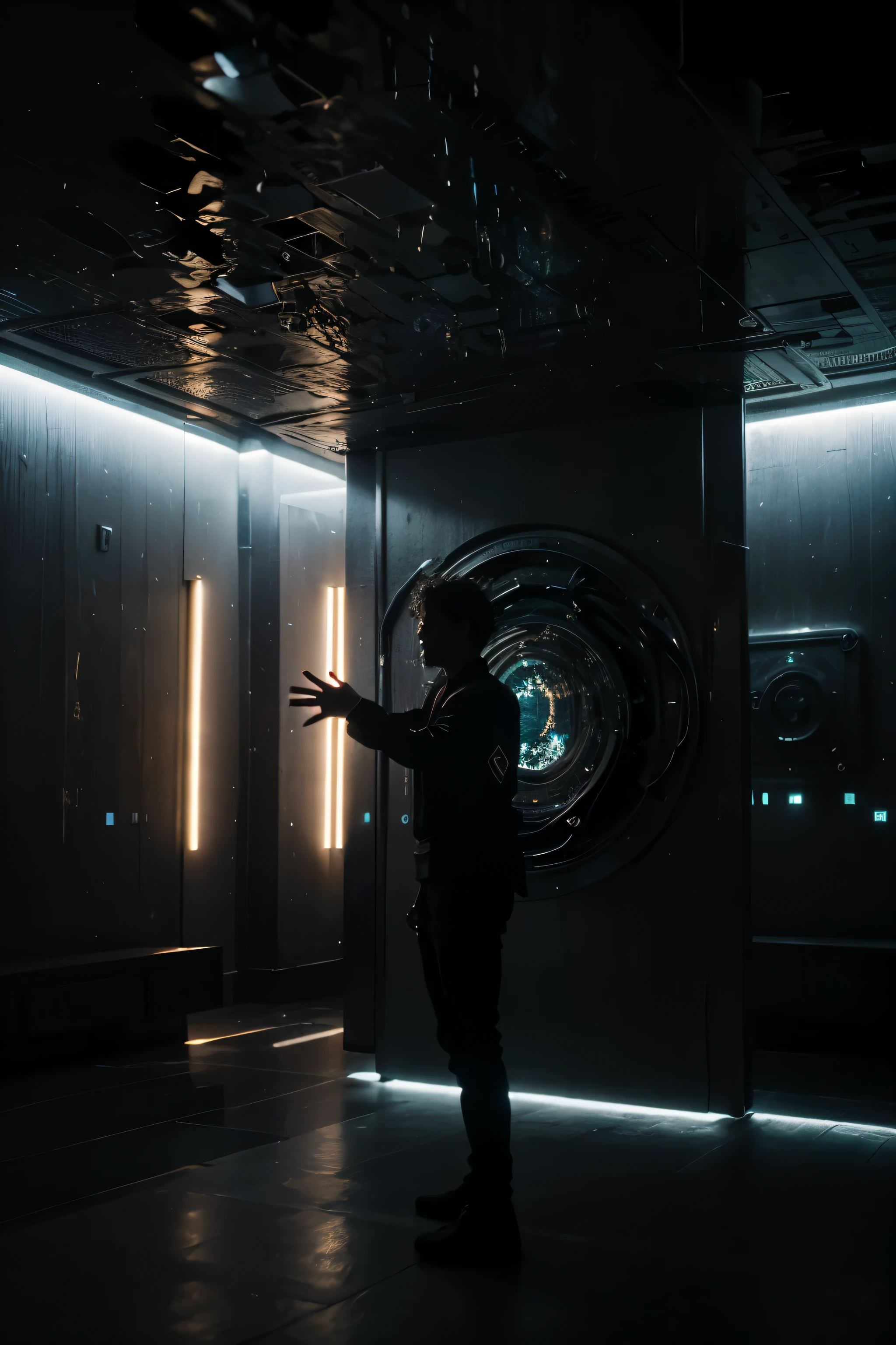 ((best quality)), ((masterpiece)), (detailed), Anime style background, a man lost in thought, surrounded by abstract representations of his musings and enigmatic differentials that dance across the spaceship's interior. The scene captures the complexity and depth of his ceaseless quest for a solution. high detail, concept art, rough, motion, dramatic lighting, high contrast, ultra detailed, mappa anime