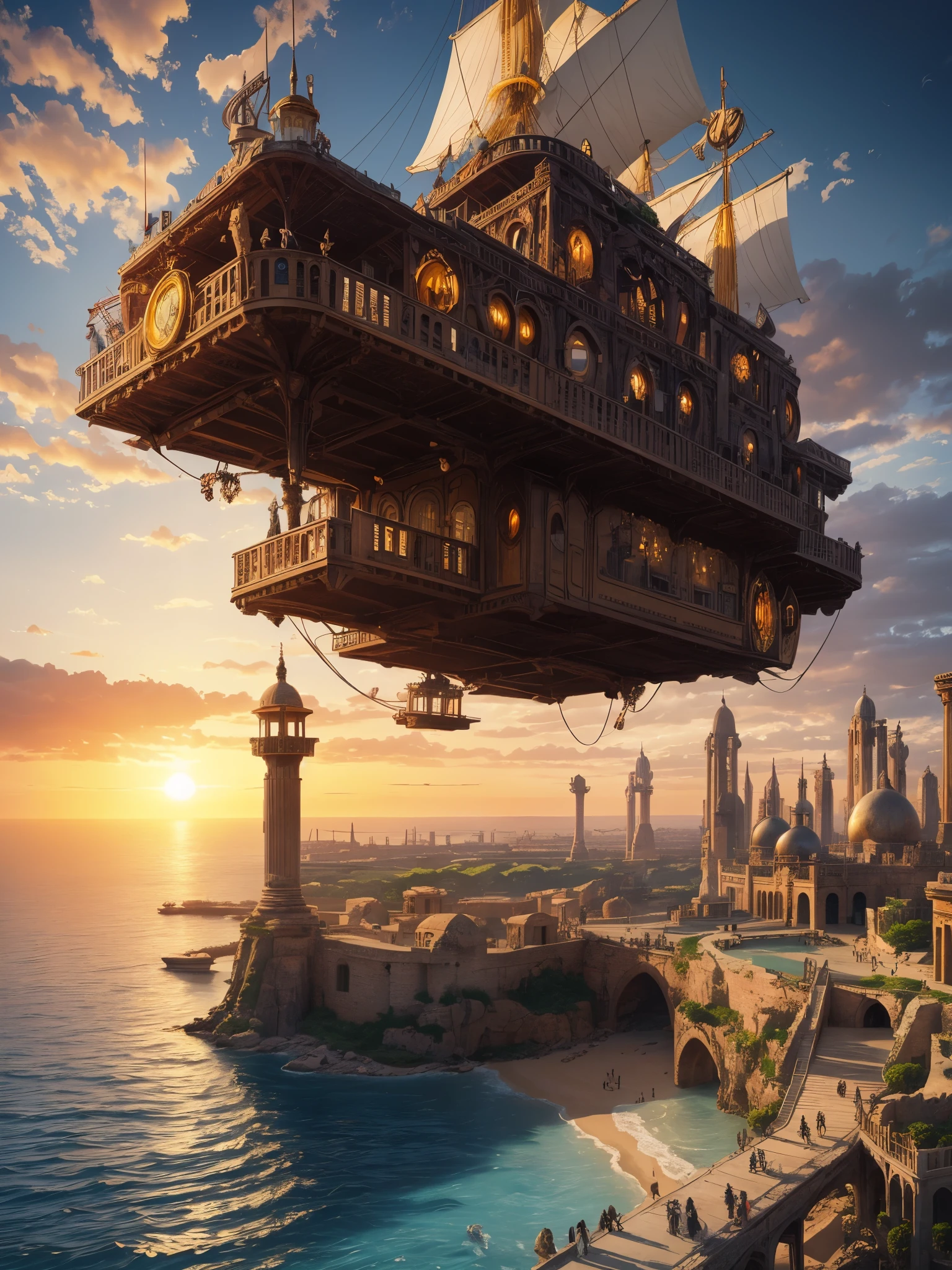 an 'ancient' Steampunk style city at Sunset surrounded by a sea of gorgeous rippling water, concentric circles of water and land, ancient old palaces, and temples made of white stone and gold,  golden light of the sunset. , bronze and gold,  steampunk airships . advanced civilization, serene yet awe-inspiring, set against the ocean's expanse. Steampunk style, city from afar, bronze and gold, intricate detail, magical, unusual, beautiful but weird, steampunk airships, inspiring sunset.