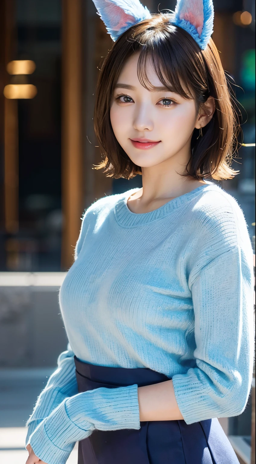 masterpiece, highest quality, official art, Highly detailed CG Unity 8K wallpaper, single girl, ultra high resolution, (realistic: 1.4), golden hour lighting, sweater dress, (Upper body), (K-POP idol), (attractive: 1), (Platinum Short Hair: 0.8), ((puffy eyes)), looking at the viewer, facing forward, smile, laughter,middle chest, shirt lift, gloves,short hair, ( Blue dog ears),