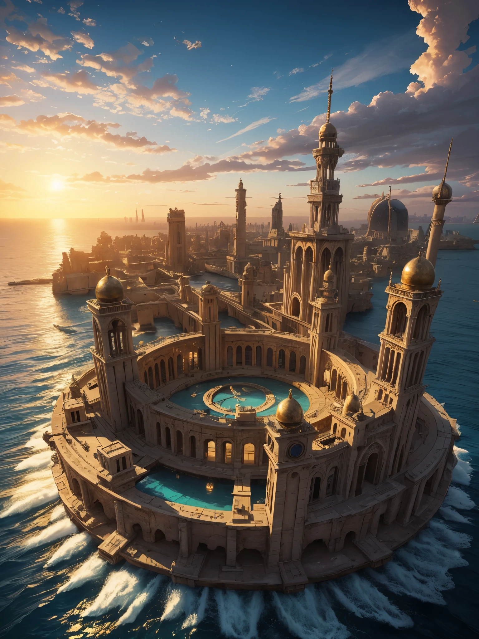 an 'ancient' Steampunk style city at Sunset surrounded by a sea of gorgeous rippling water, concentric circles of water and land, ancient old palaces, and temples made of white stone and gold,  golden light of the sunset. , bronze and gold,  steampunk airships . advanced civilization, serene yet awe-inspiring, set against the ocean's expanse. Steampunk style, city from afar, bronze and gold, intricate detail, magical, unusual, beautiful but weird, steampunk airships, inspiring sunset.