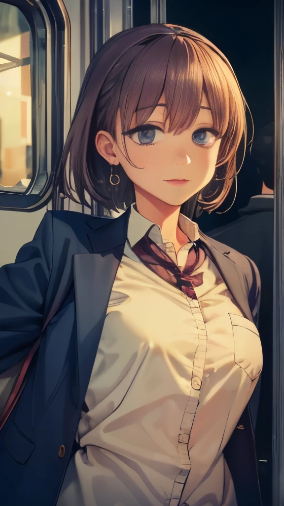 With more than one guy(1peopleの女の子), highest quality, realistic, 1 girl, woman,(skin dents), big breasts, (bright), (professional lighting, Bokeh), (crowded train), people々, crowd, Braided bangs, Japan clothes, school uniform、 floating hair, (dynamic pose:0.6) , soft lighting、(full shot), Last train、Blue light inside a dark train、low light source、