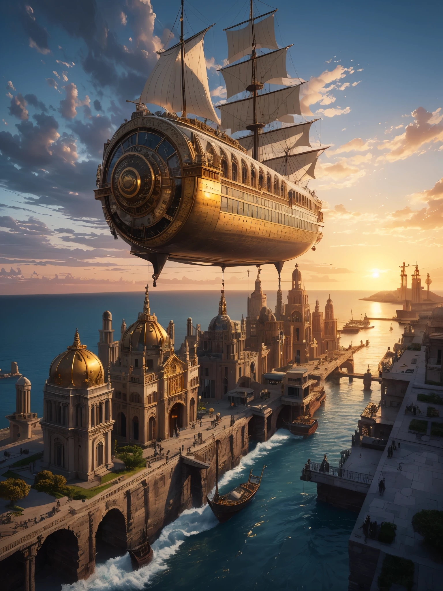 an 'ancient' Steampunk style city at Sunset surrounded by a sea of gorgeous rippling water, concentric circles of water and land, ancient old palaces, and temples made of white stone and gold,  golden light of the sunset. , bronze and gold,  steampunk airships . advanced civilization, serene yet awe-inspiring, set against the ocean's expanse. Steampunk style, city from afar, bronze and gold, intricate detail, magical, unusual, beautiful but weird, steampunk airships, inspiring sunset.