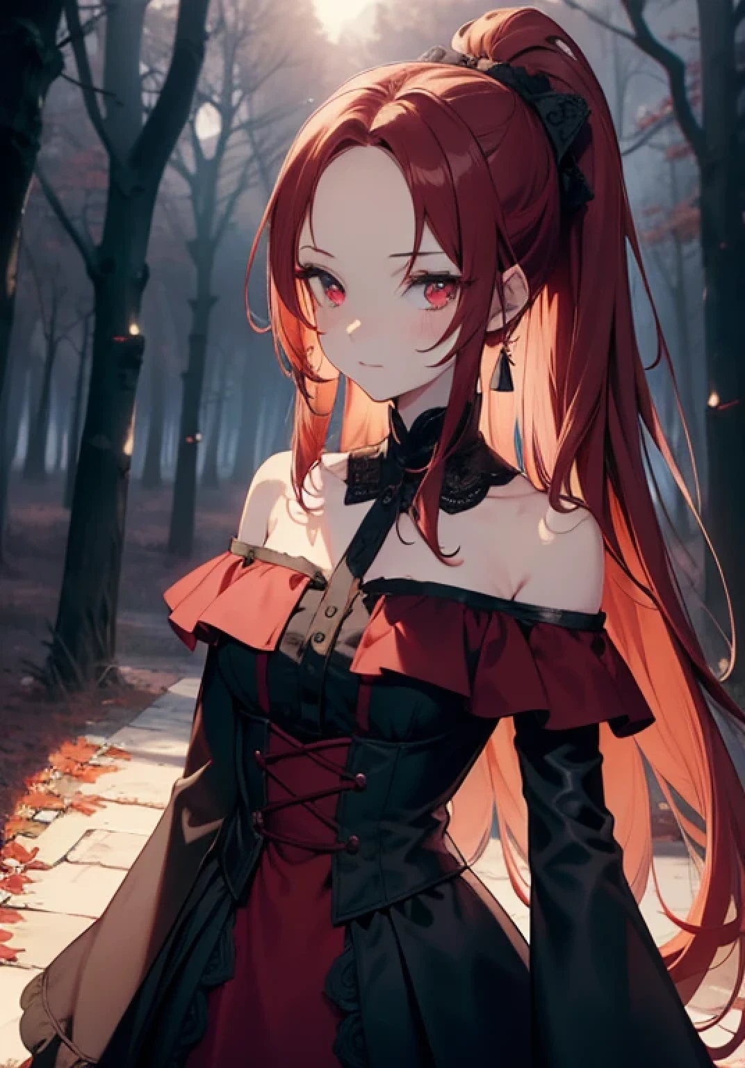 (official art,best quality,unified 8k wallpaper,32k,Masterpiece,super detailed,ultra high resolution),best shade,Excellent,Eyes and nose details,sharp pupils,long hair, girl, , Red hair, Medium ponytail, Noble costumes, ((dark red eyes, Black and red dress, off the shoulder dress, cold, Center parted bangs, forehead )), fantasy, mist, Detail lights, forehead, the dark forest, midnight, moonlight, lace, detailed, complex patterns, toy doll, deathia, palace