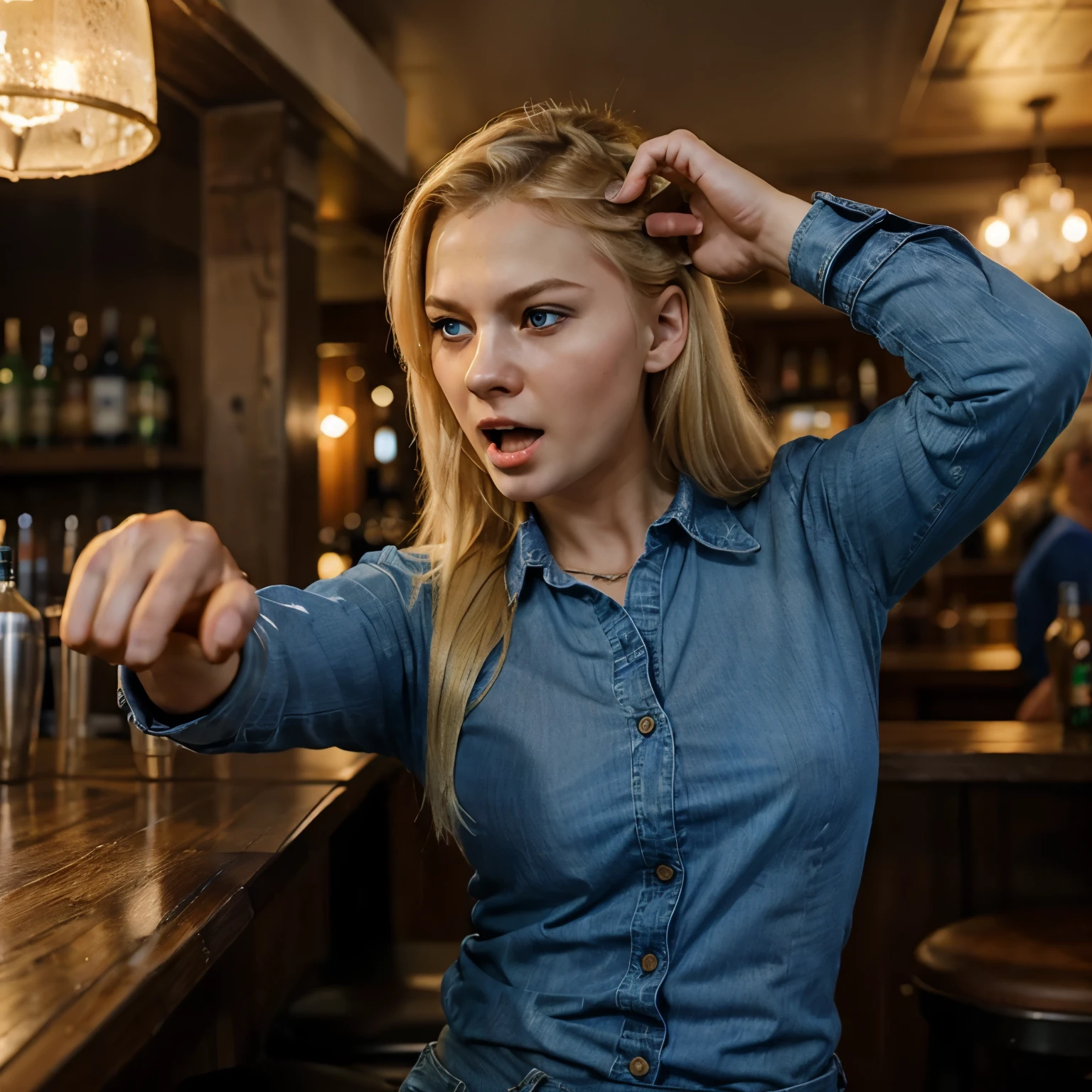 A  blonde Russian Girl is pointing  a pistol  in a bar , Wearing a Blue Shirt and jeans , with an Angry screaming Face as if she's shouting, Photo realistic , 